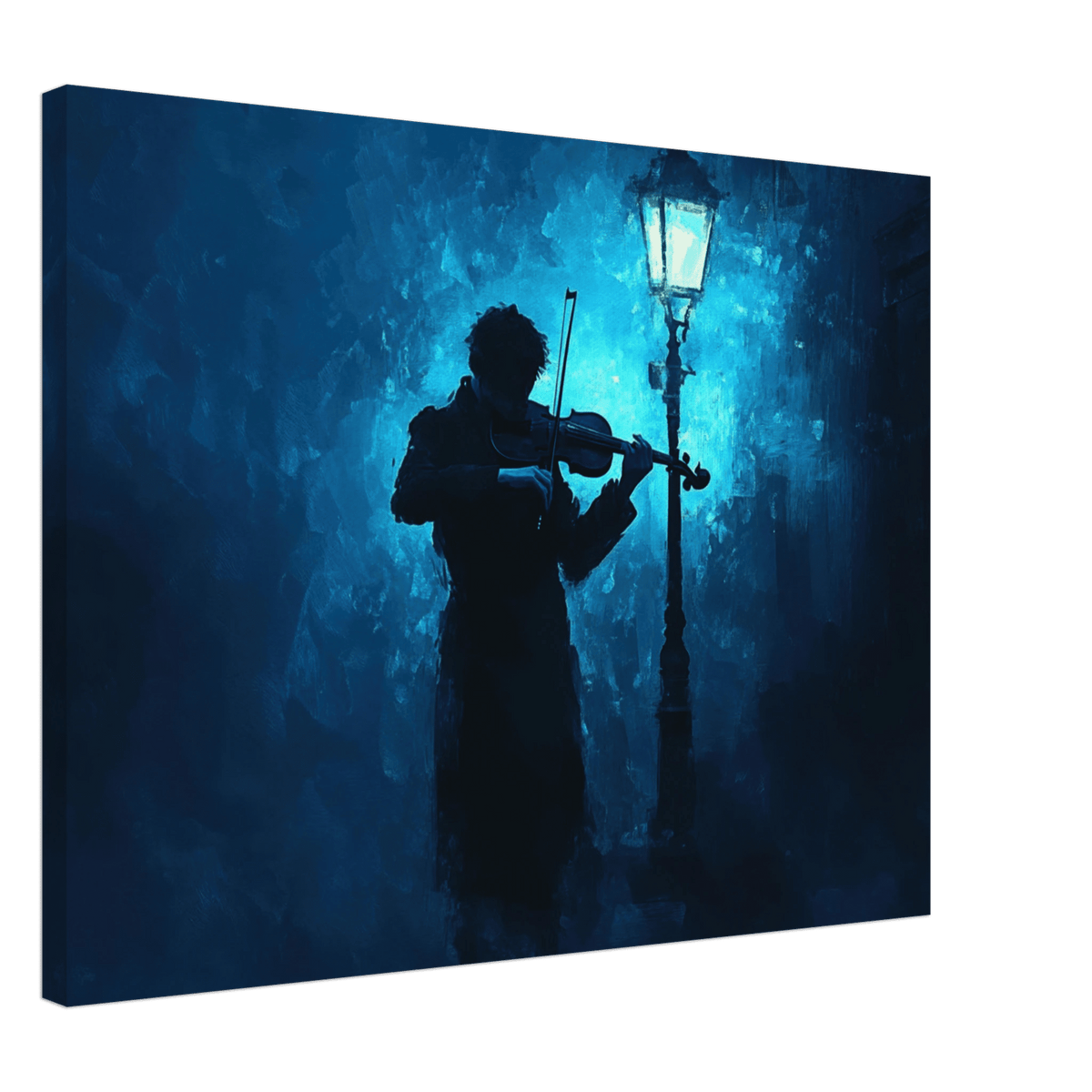 A lone violinist stands beneath a flickering sir 3 - Shop Ai Art WebShop - Digital Art online Store