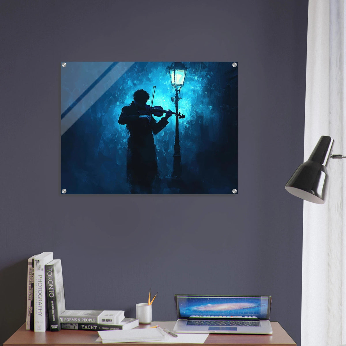 A lone violinist stands beneath a flickering sir 3 - Shop Ai Art WebShop - Digital Art online Store