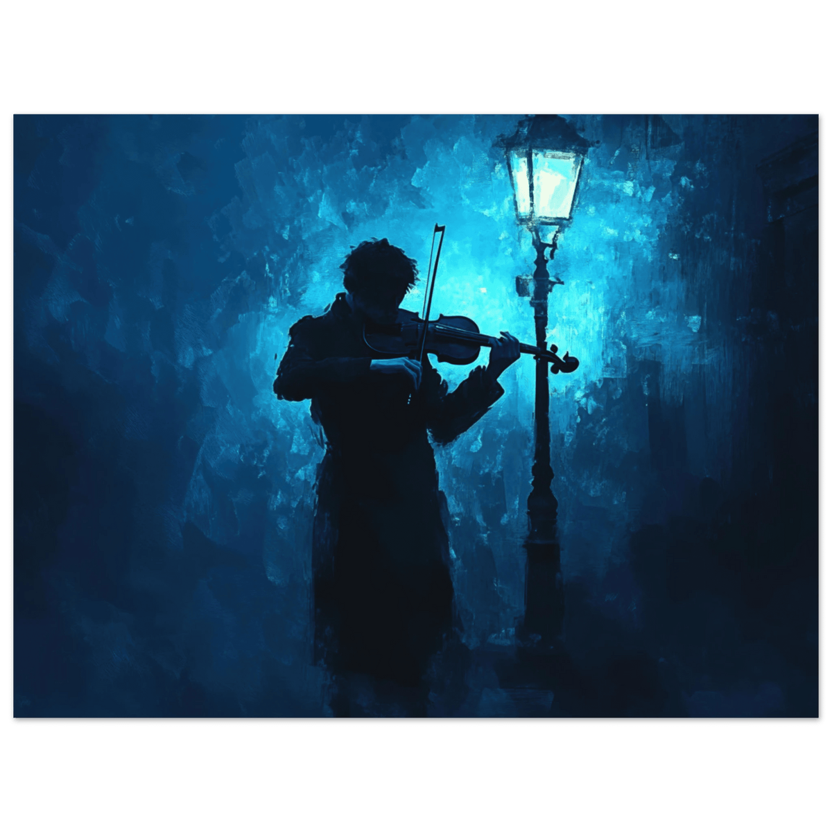 A lone violinist stands beneath a flickering sir 3 - Shop Ai Art WebShop - Digital Art online Store