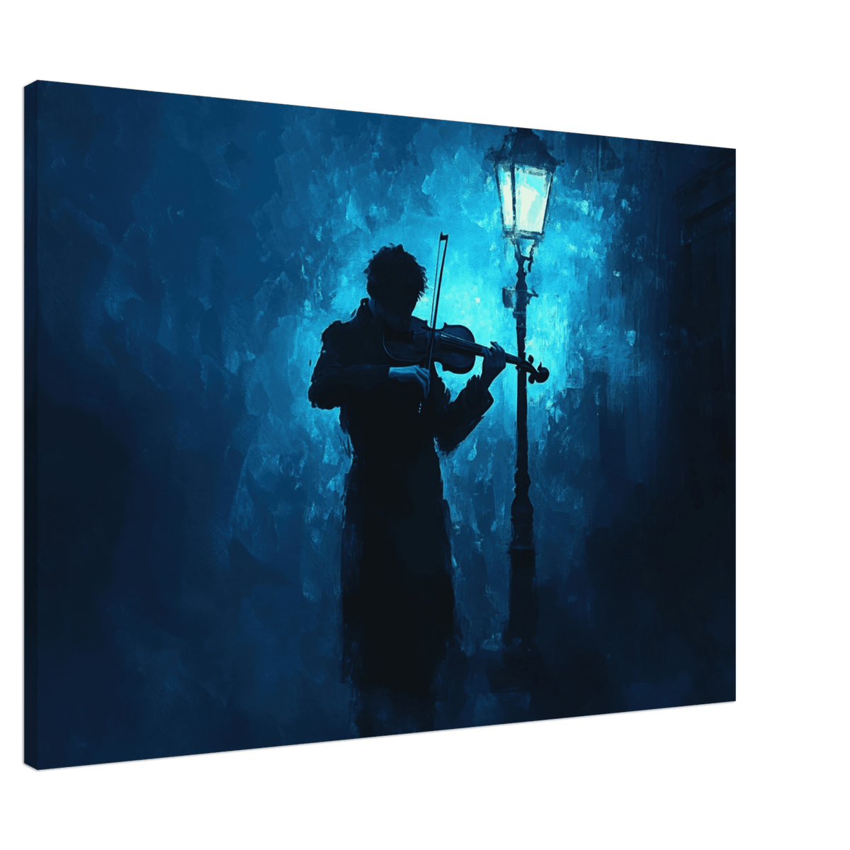 A lone violinist stands beneath a flickering sir 3 - Shop Ai Art WebShop - Digital Art online Store