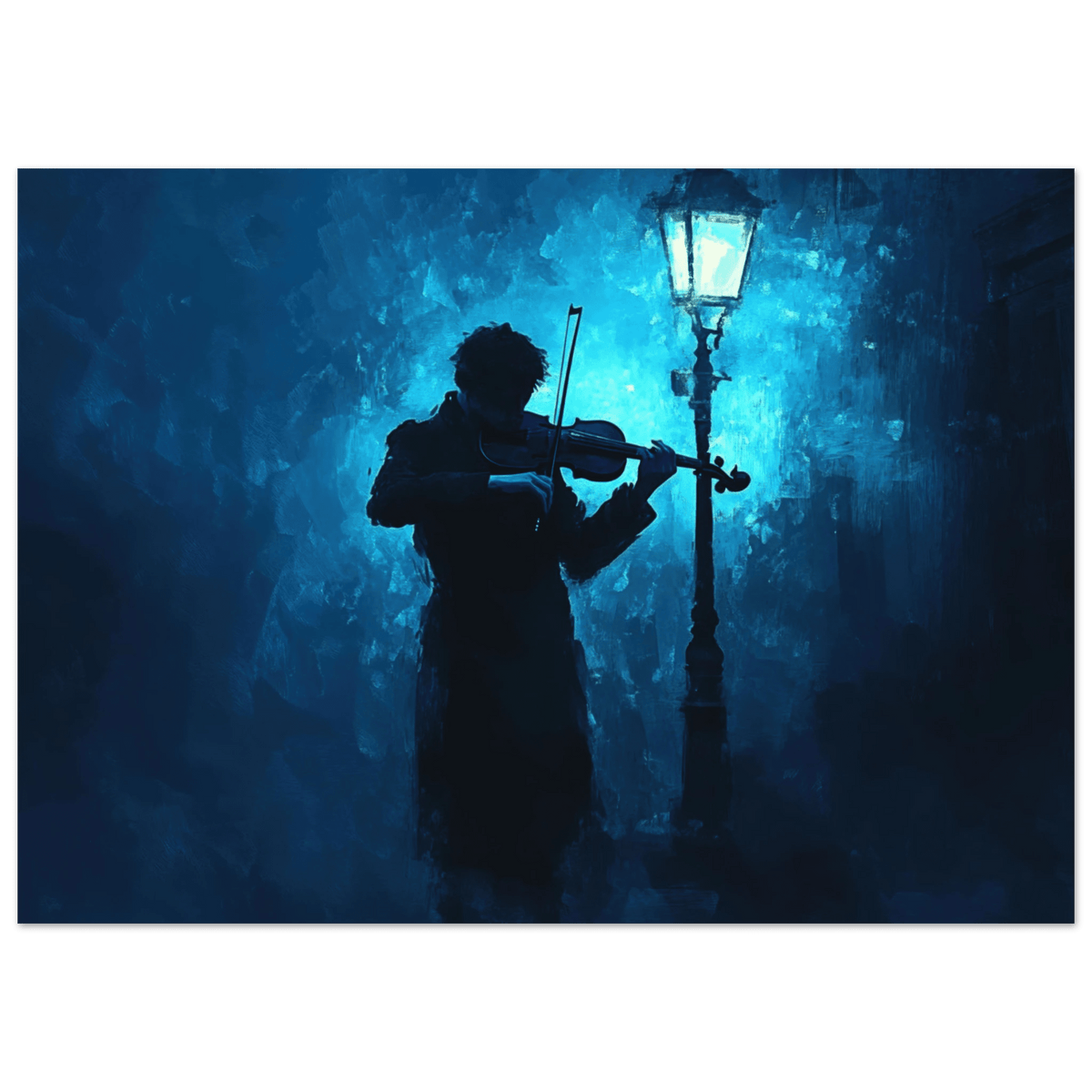 A lone violinist stands beneath a flickering sir 3 - Shop Ai Art WebShop - Digital Art online Store
