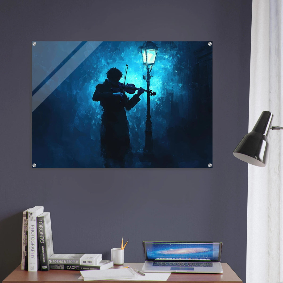 A lone violinist stands beneath a flickering sir 3 - Shop Ai Art WebShop - Digital Art online Store