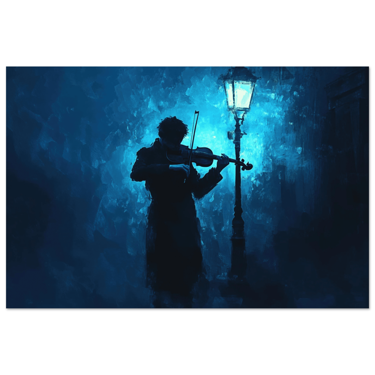A lone violinist stands beneath a flickering sir 3 - Shop Ai Art WebShop - Digital Art online Store