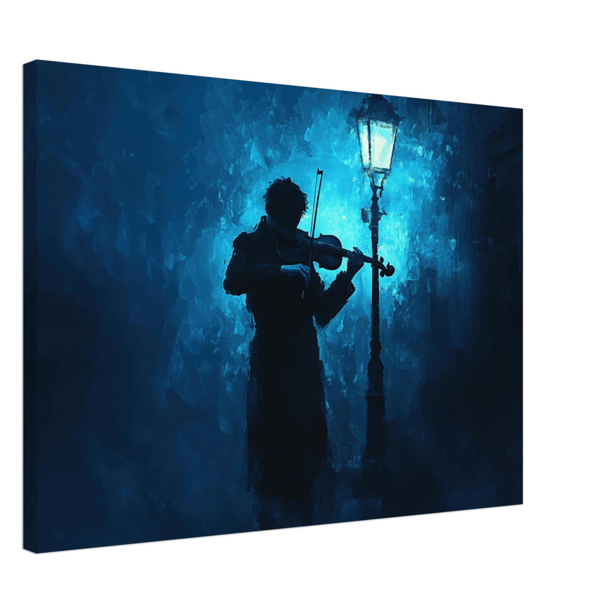 A lone violinist stands beneath a flickering sir 3 - Shop Ai Art WebShop - Digital Art online Store
