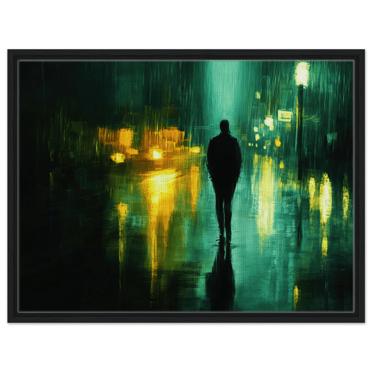 A man walks alone in the pouring rain his figure - Shop Ai Art WebShop - Digital Art online Store