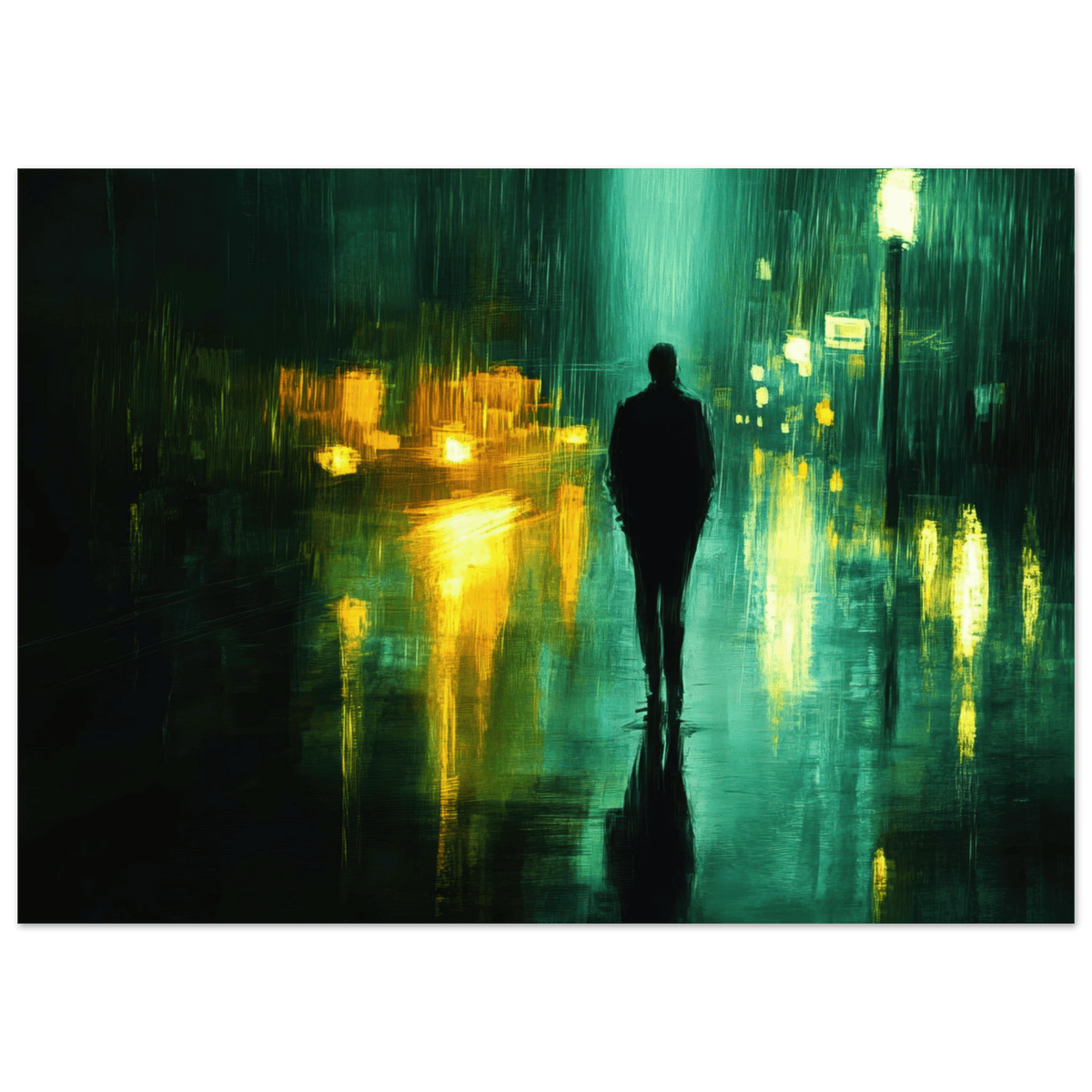 A man walks alone in the pouring rain his figure - Shop Ai Art WebShop - Digital Art online Store