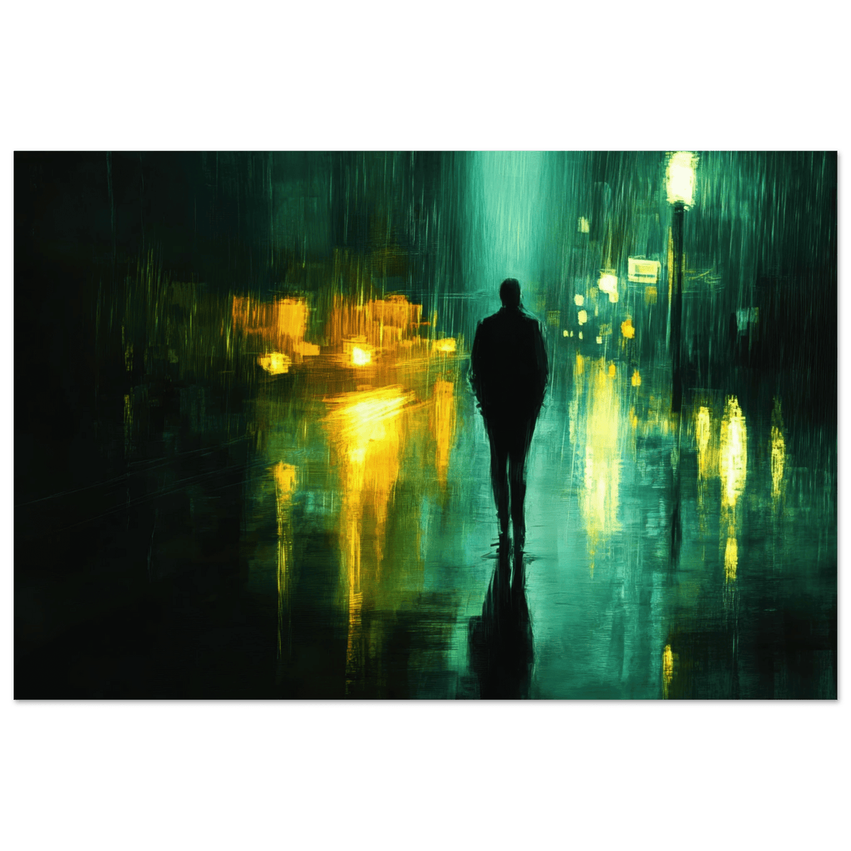 A man walks alone in the pouring rain his figure - Shop Ai Art WebShop - Digital Art online Store