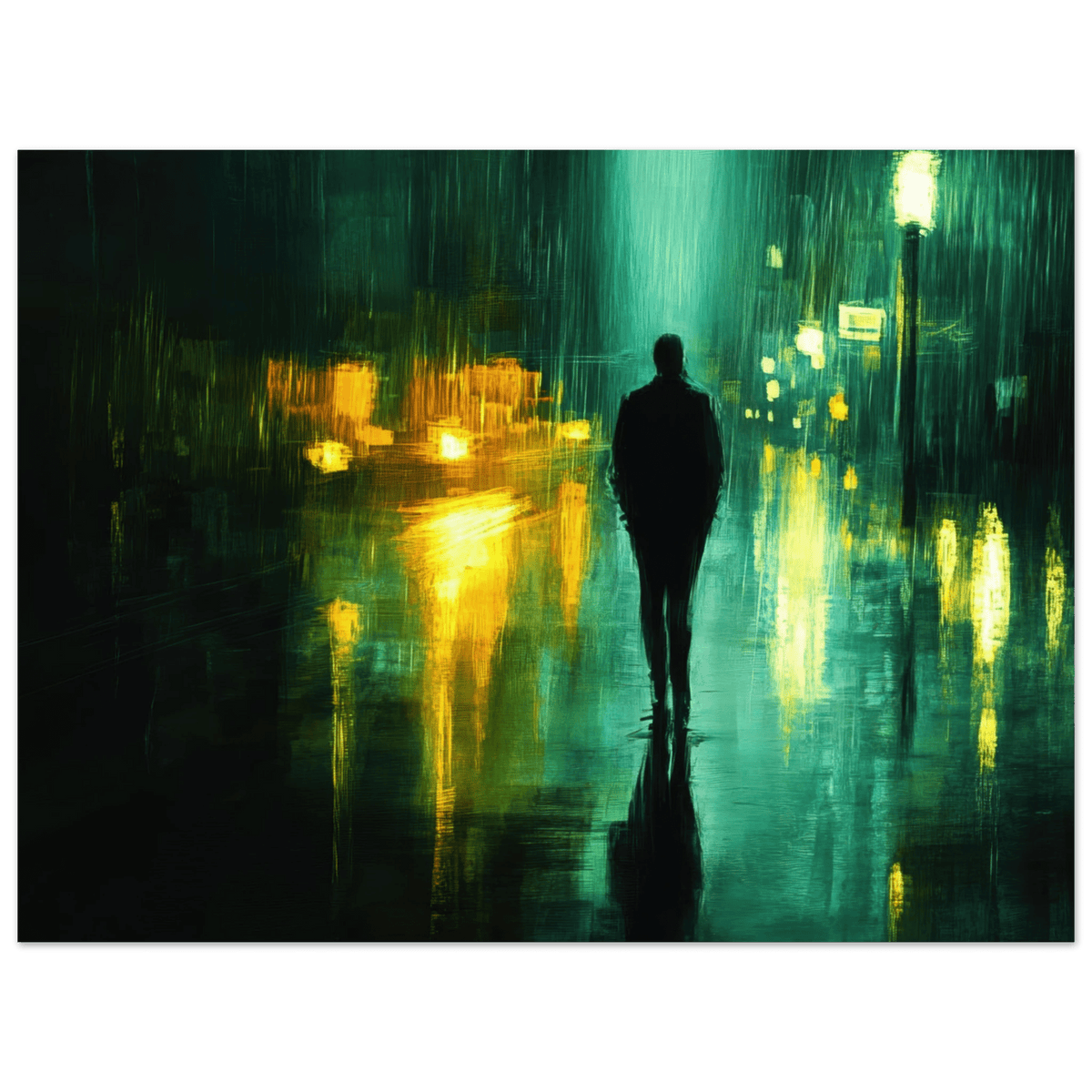 A man walks alone in the pouring rain his figure - Shop Ai Art WebShop - Digital Art online Store