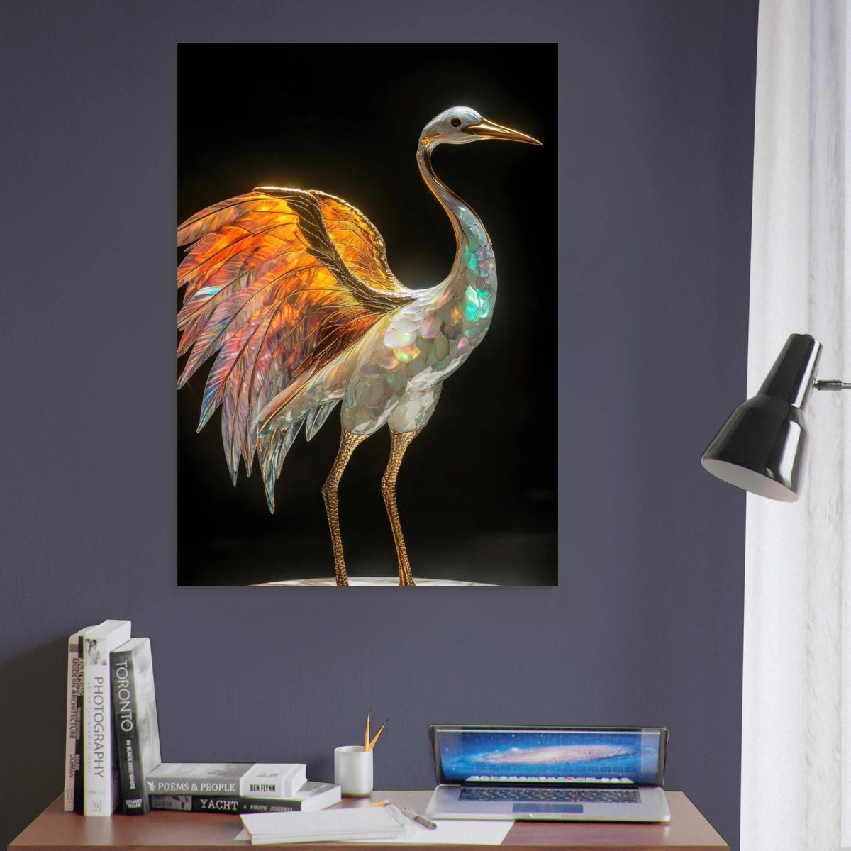 A Mythical crane with elongated gold fire opal wings - Shop Ai Art WebShop - Digital Art online Store