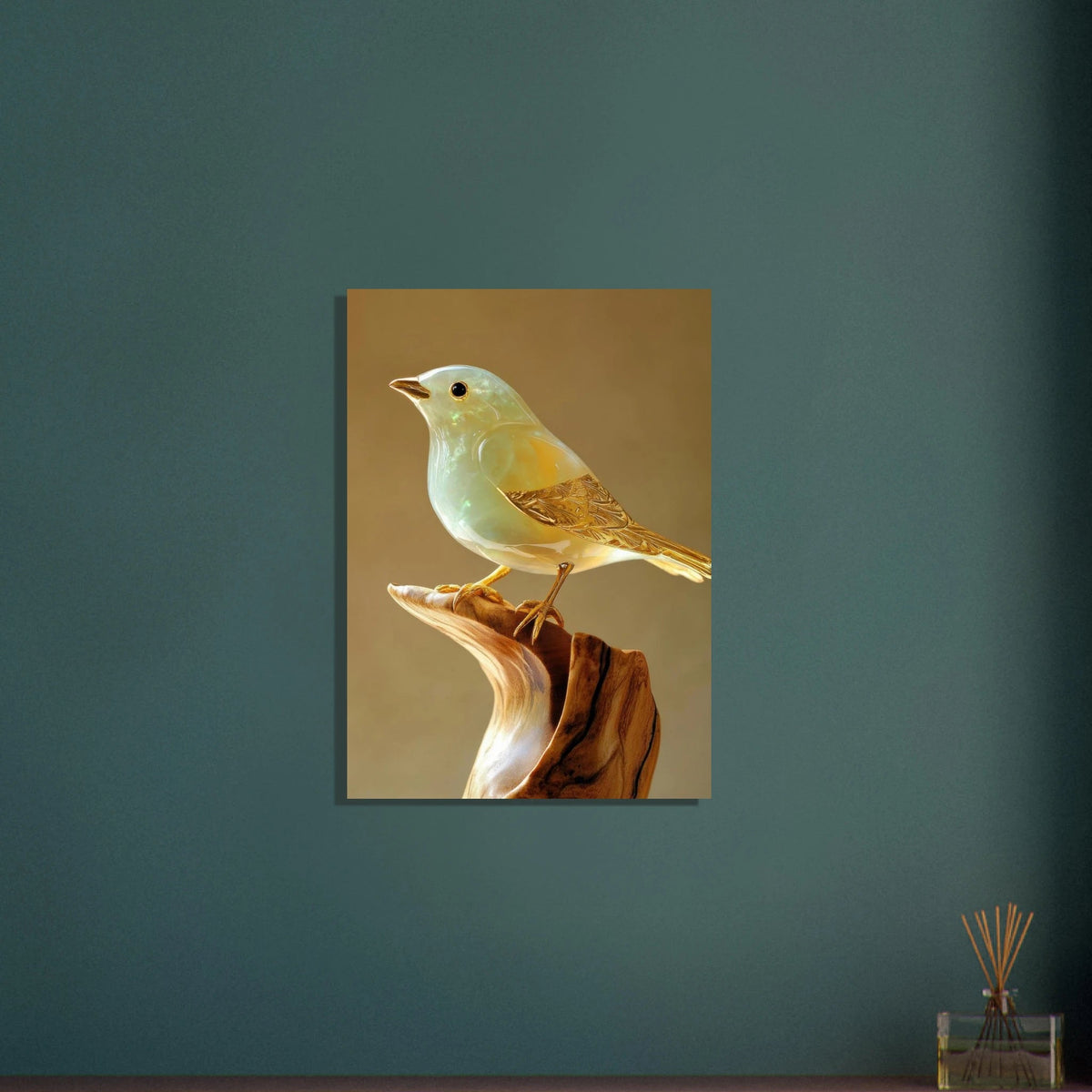 A small bird sitting on top of a wooden branch - Shop Ai Art WebShop - Digital Art online Store