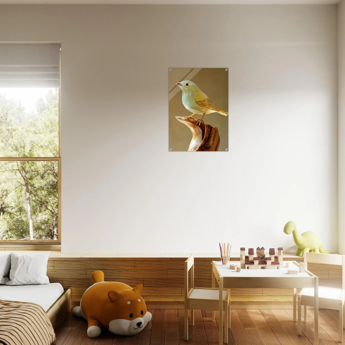 A small bird sitting on top of a wooden branch - Shop Ai Art WebShop - Digital Art online Store