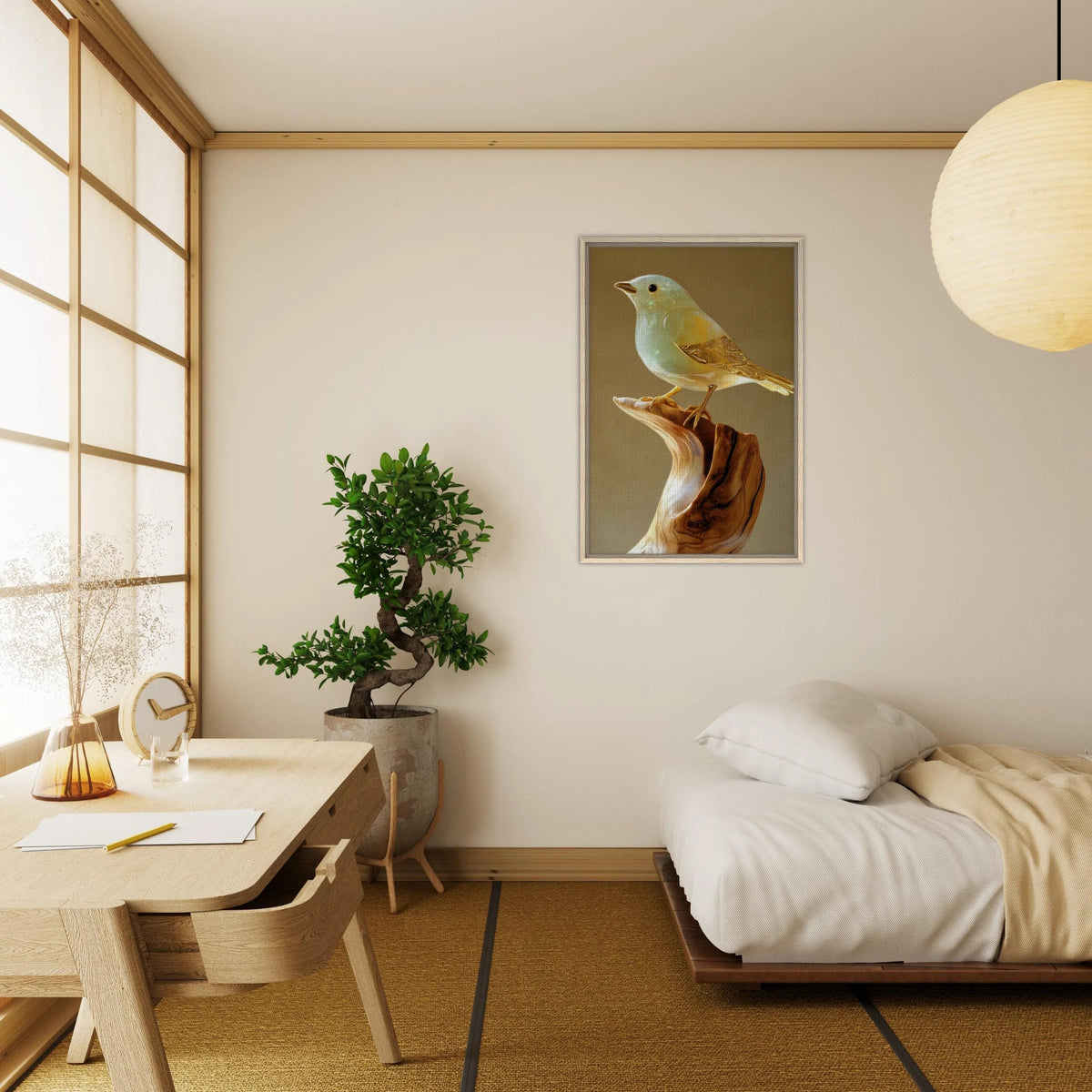 A small bird sitting on top of a wooden branch - Shop Ai Art WebShop - Digital Art online Store