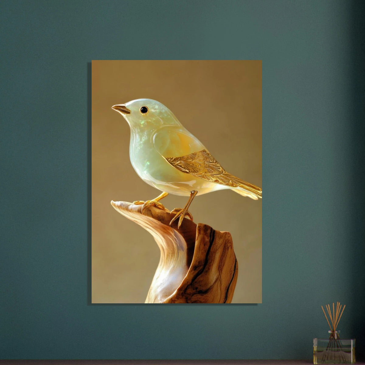 A small bird sitting on top of a wooden branch - Shop Ai Art WebShop - Digital Art online Store