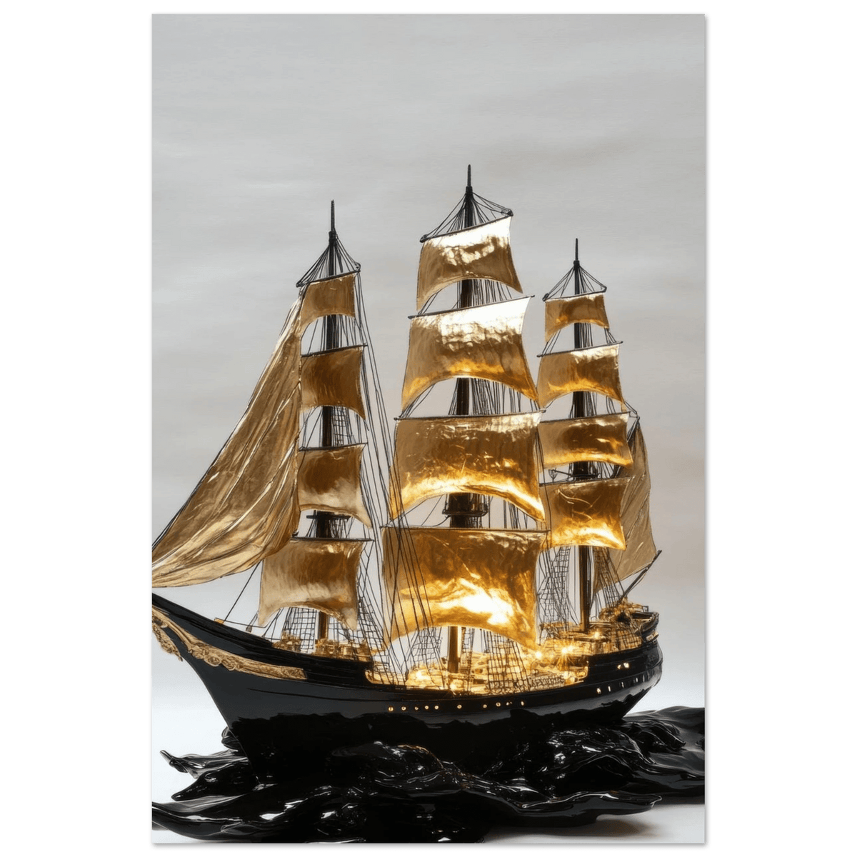 A striking black ship sails across glossy waves - Shop Ai Art WebShop - Digital Art online Store