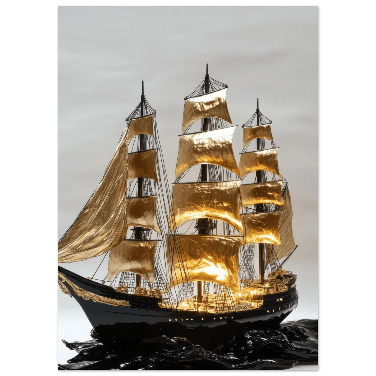 A striking black ship sails across glossy waves - Shop Ai Art WebShop - Digital Art online Store