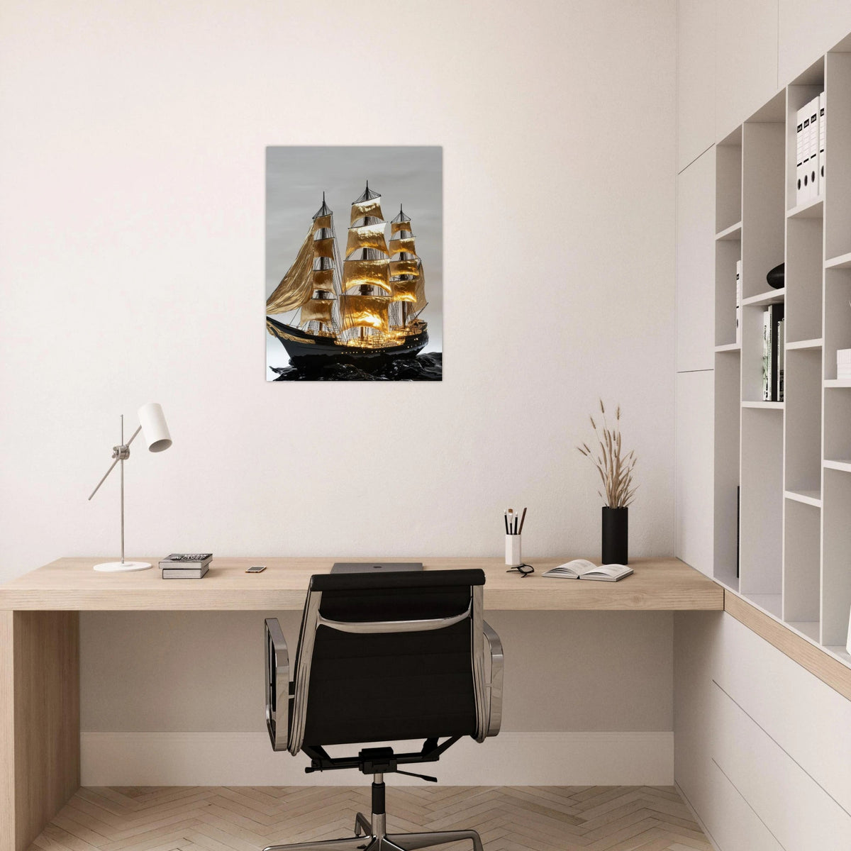 A striking black ship sails across glossy waves - Shop Ai Art WebShop - Digital Art online Store