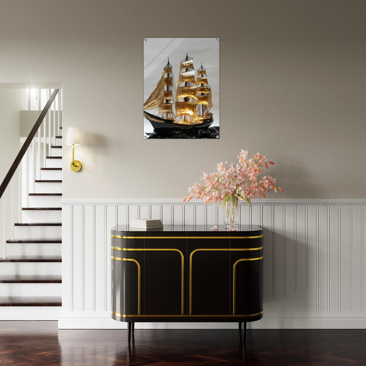 A striking black ship sails across glossy waves - Shop Ai Art WebShop - Digital Art online Store