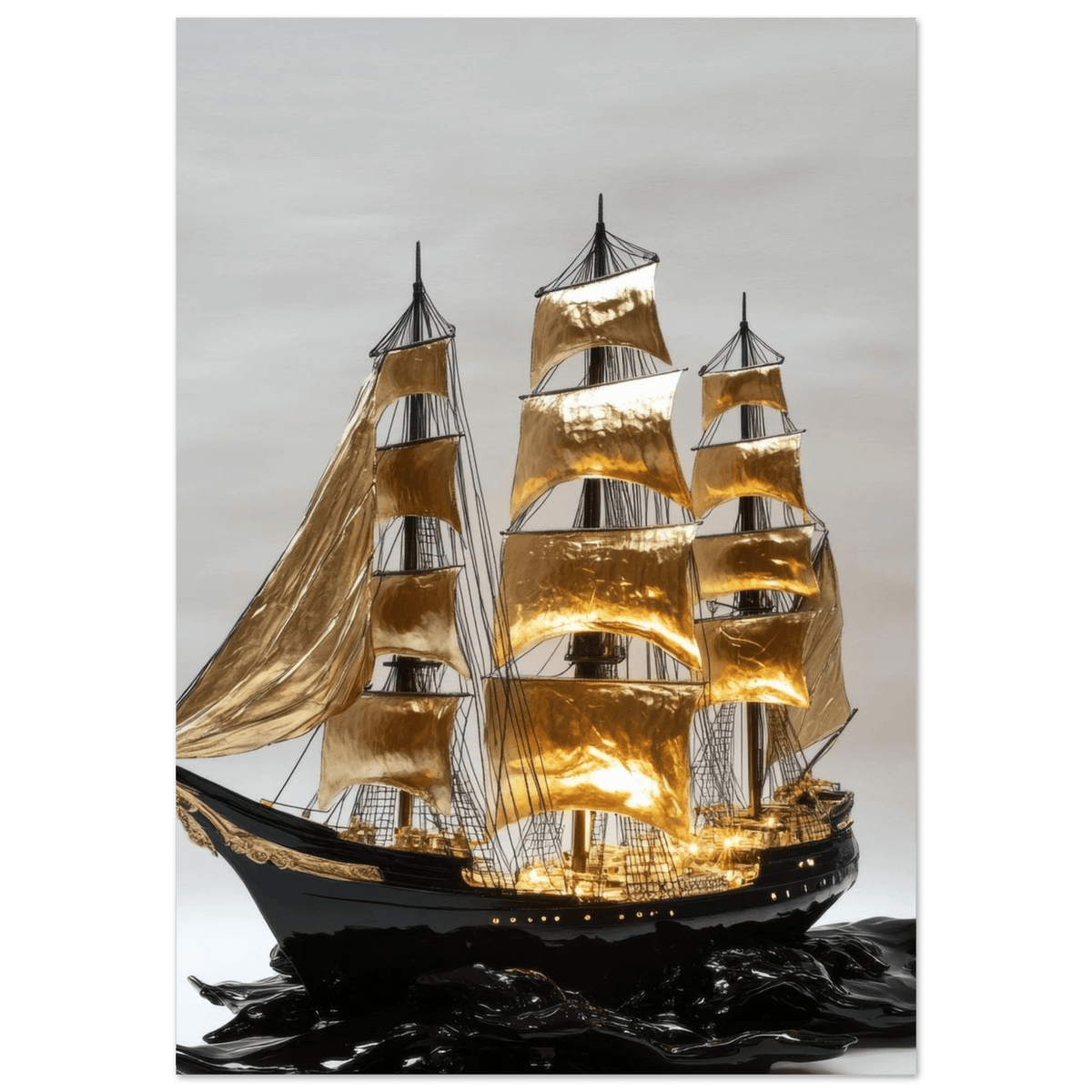 A striking black ship sails across glossy waves - Shop Ai Art WebShop - Digital Art online Store