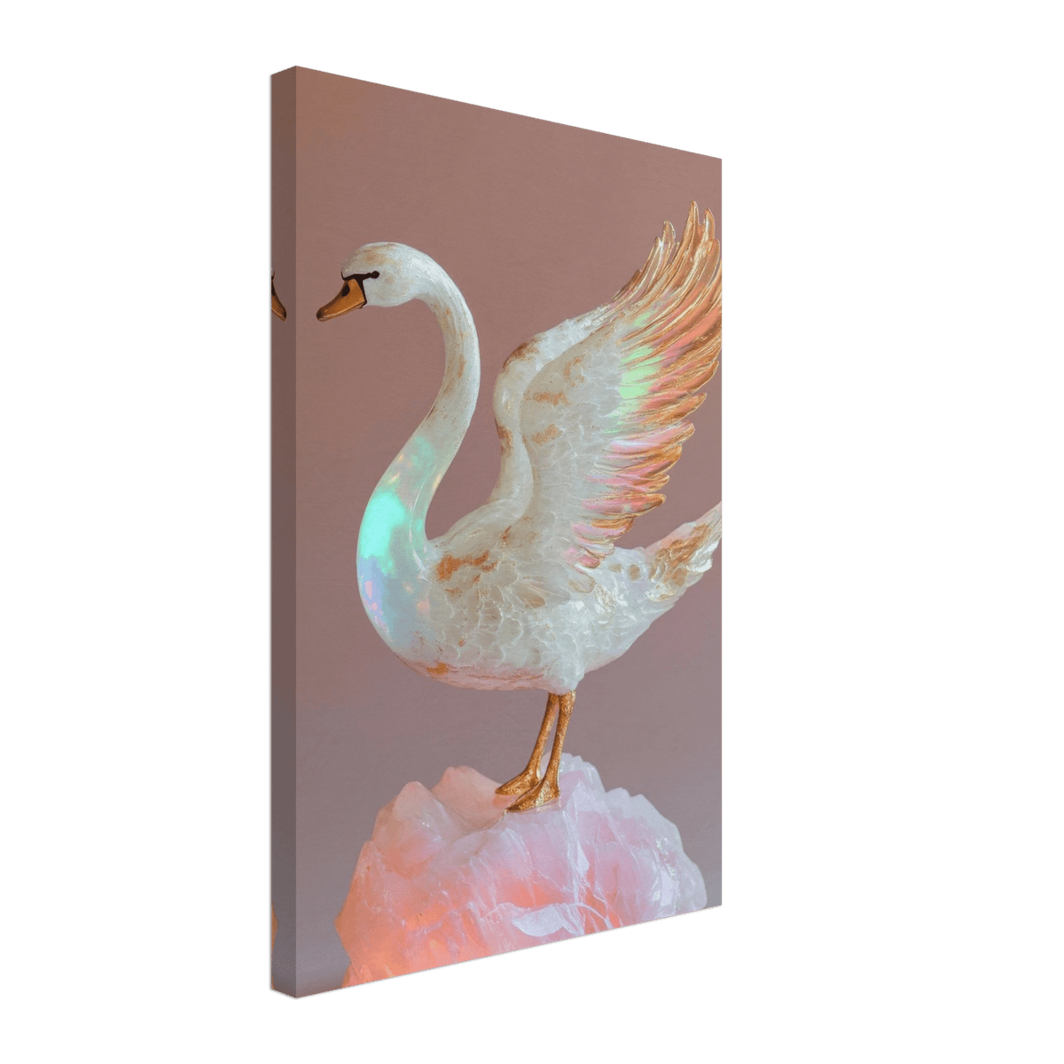 A white opal swan with wings on a pink rock - Shop Ai Art WebShop - Digital Art online Store