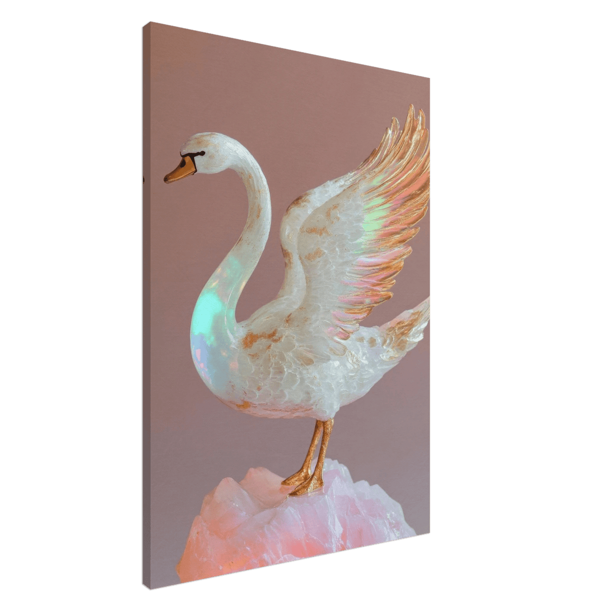 A white opal swan with wings on a pink rock - Shop Ai Art WebShop - Digital Art online Store
