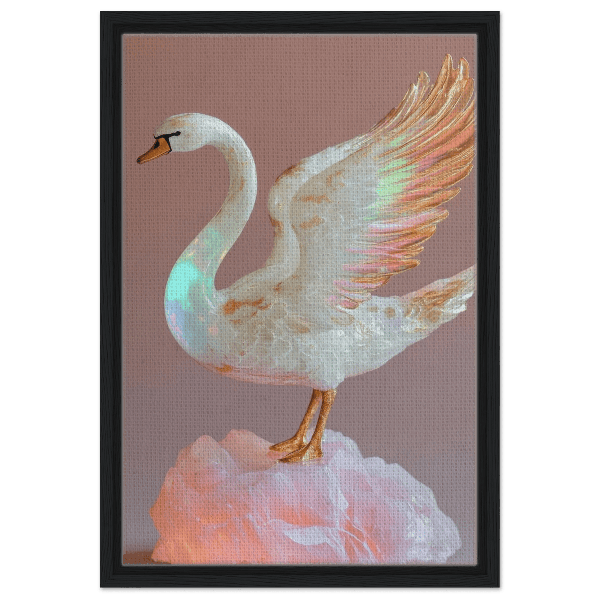 A white opal swan with wings on a pink rock - Shop Ai Art WebShop - Digital Art online Store