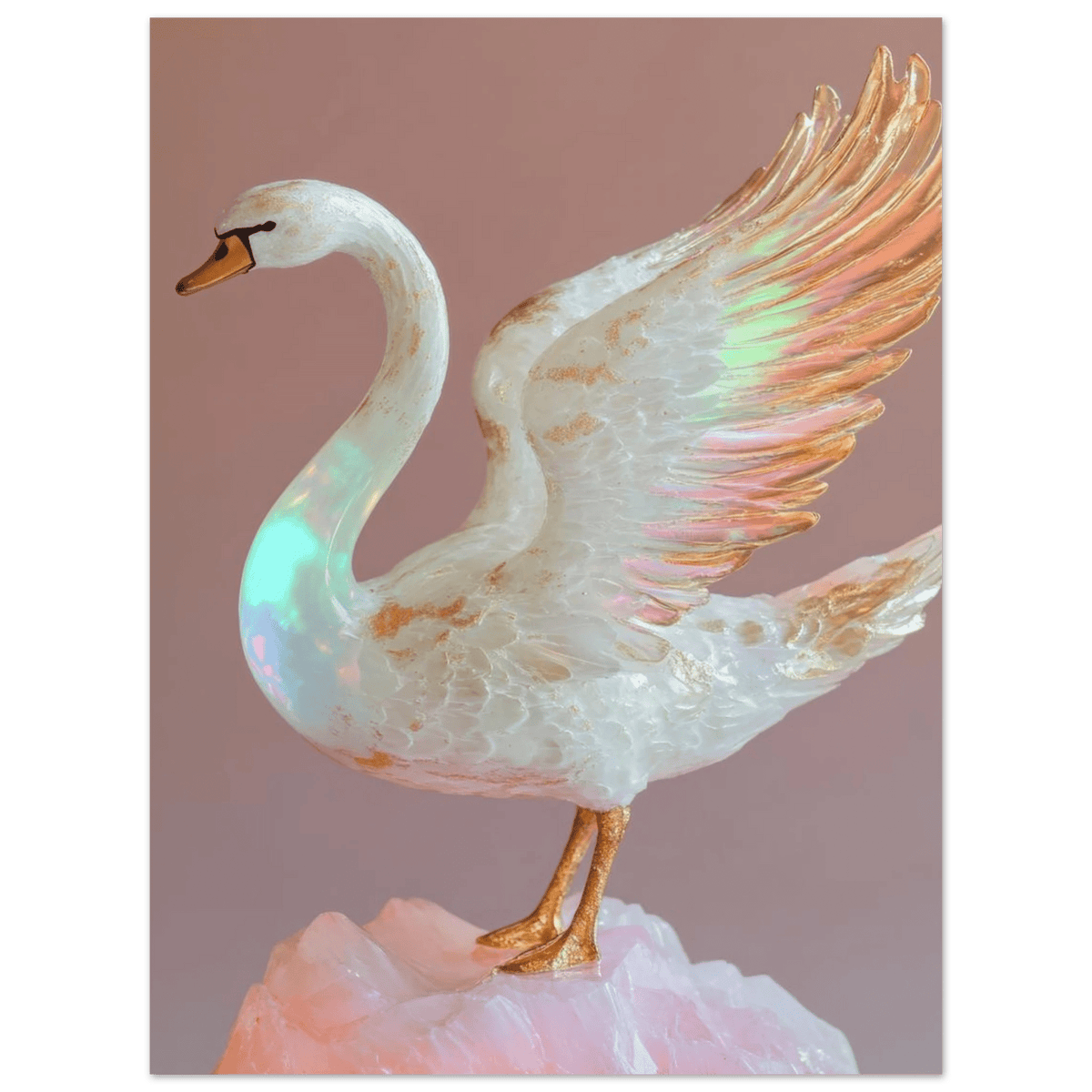 A white opal swan with wings on a pink rock - Shop Ai Art WebShop - Digital Art online Store