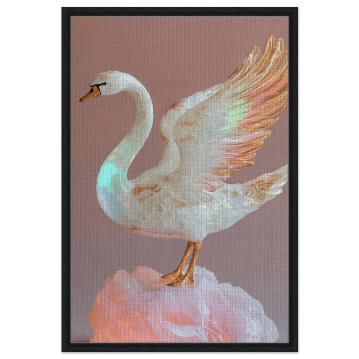 A white opal swan with wings on a pink rock - Shop Ai Art WebShop - Digital Art online Store