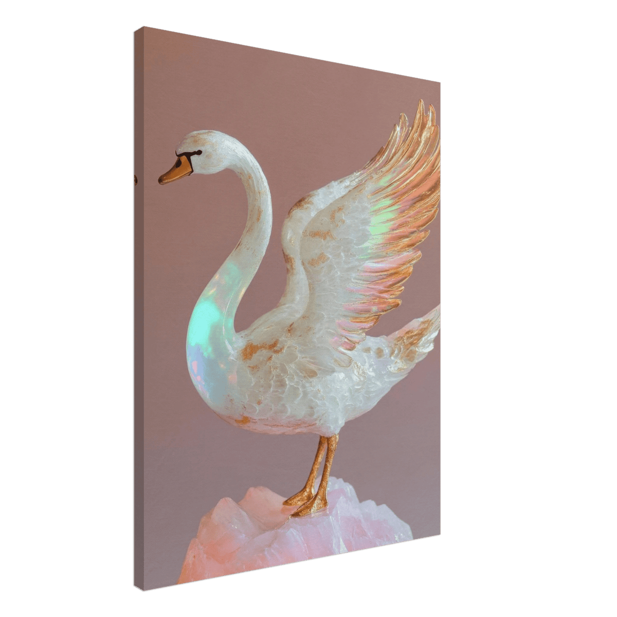 A white opal swan with wings on a pink rock - Shop Ai Art WebShop - Digital Art online Store