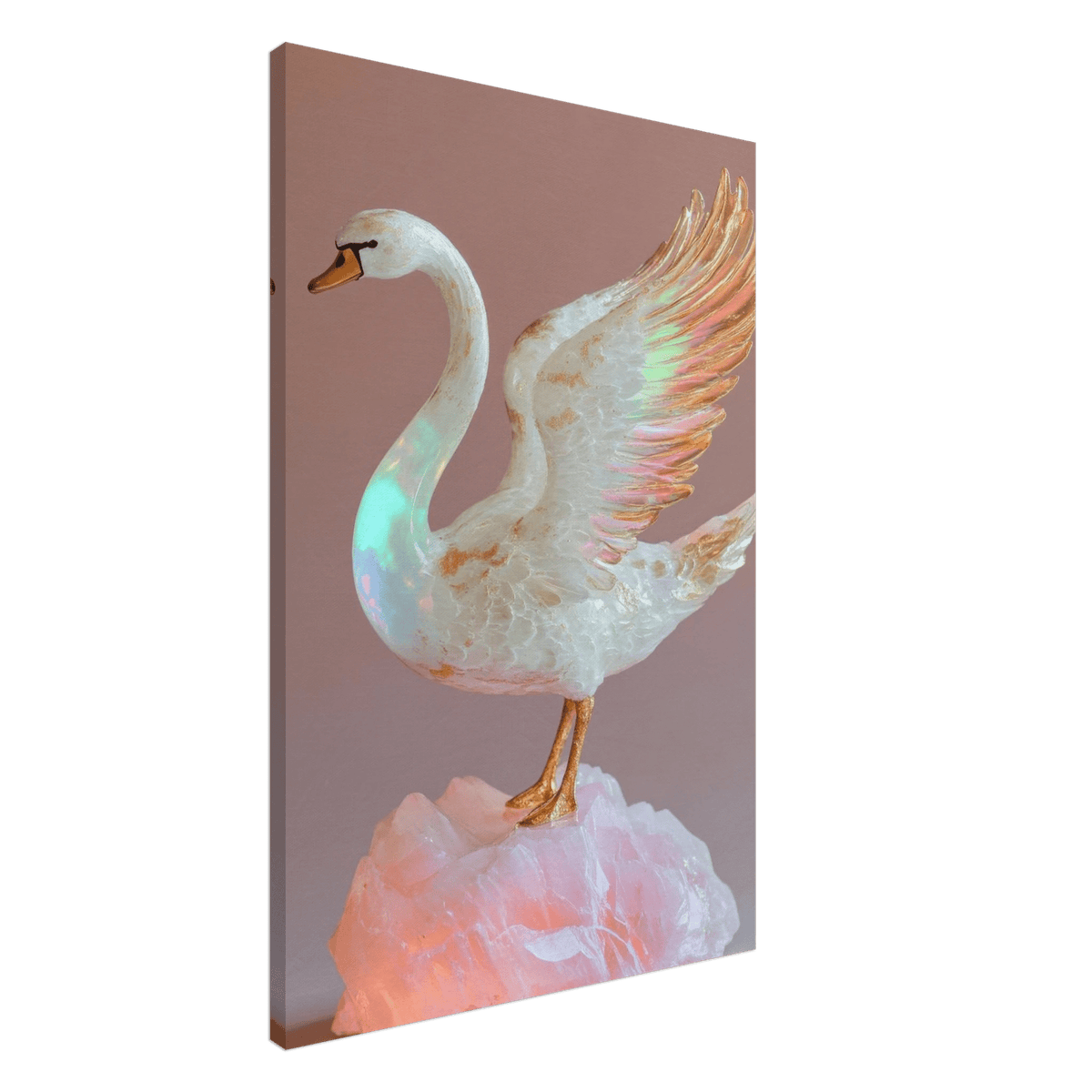 A white opal swan with wings on a pink rock - Shop Ai Art WebShop - Digital Art online Store