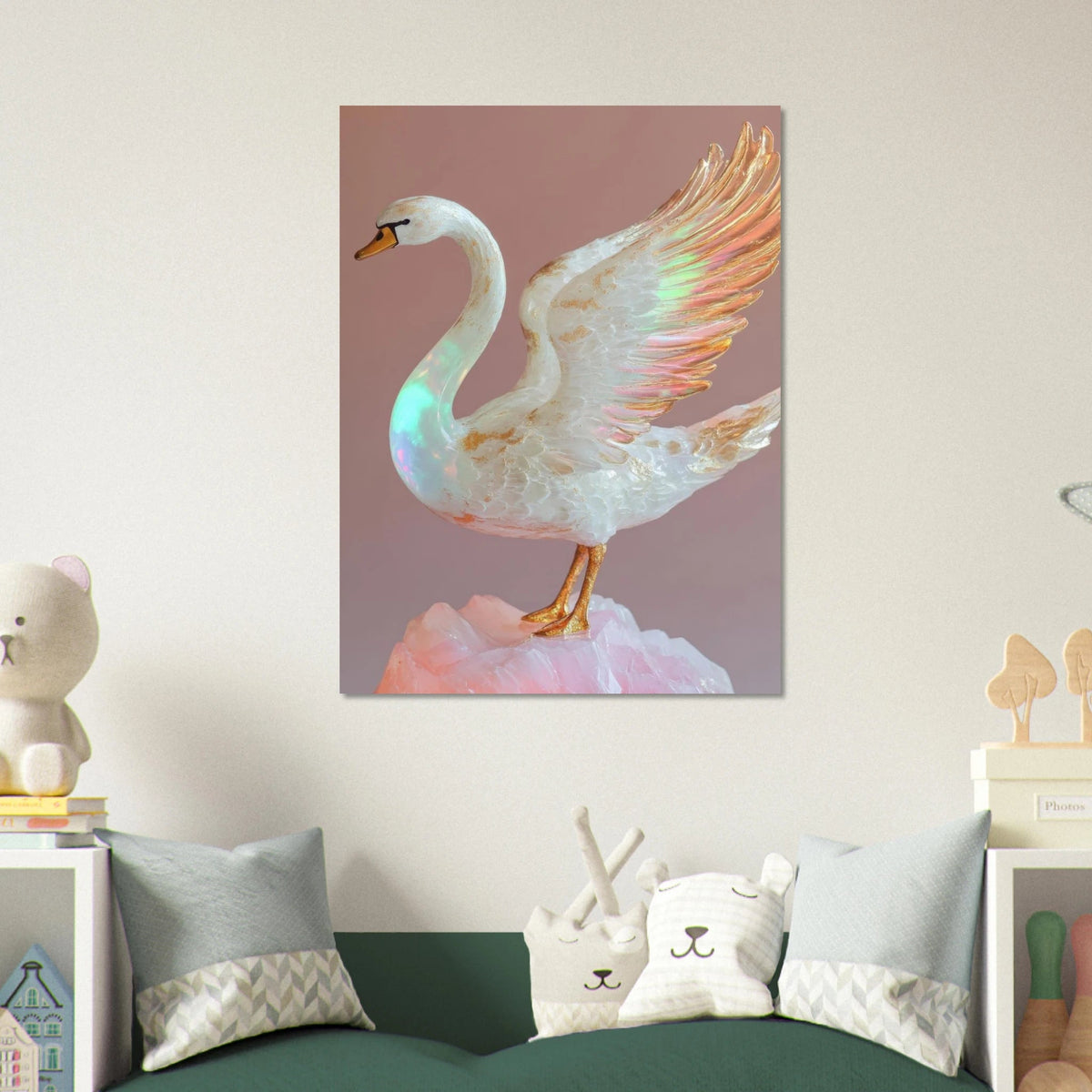 A white opal swan with wings on a pink rock - Shop Ai Art WebShop - Digital Art online Store