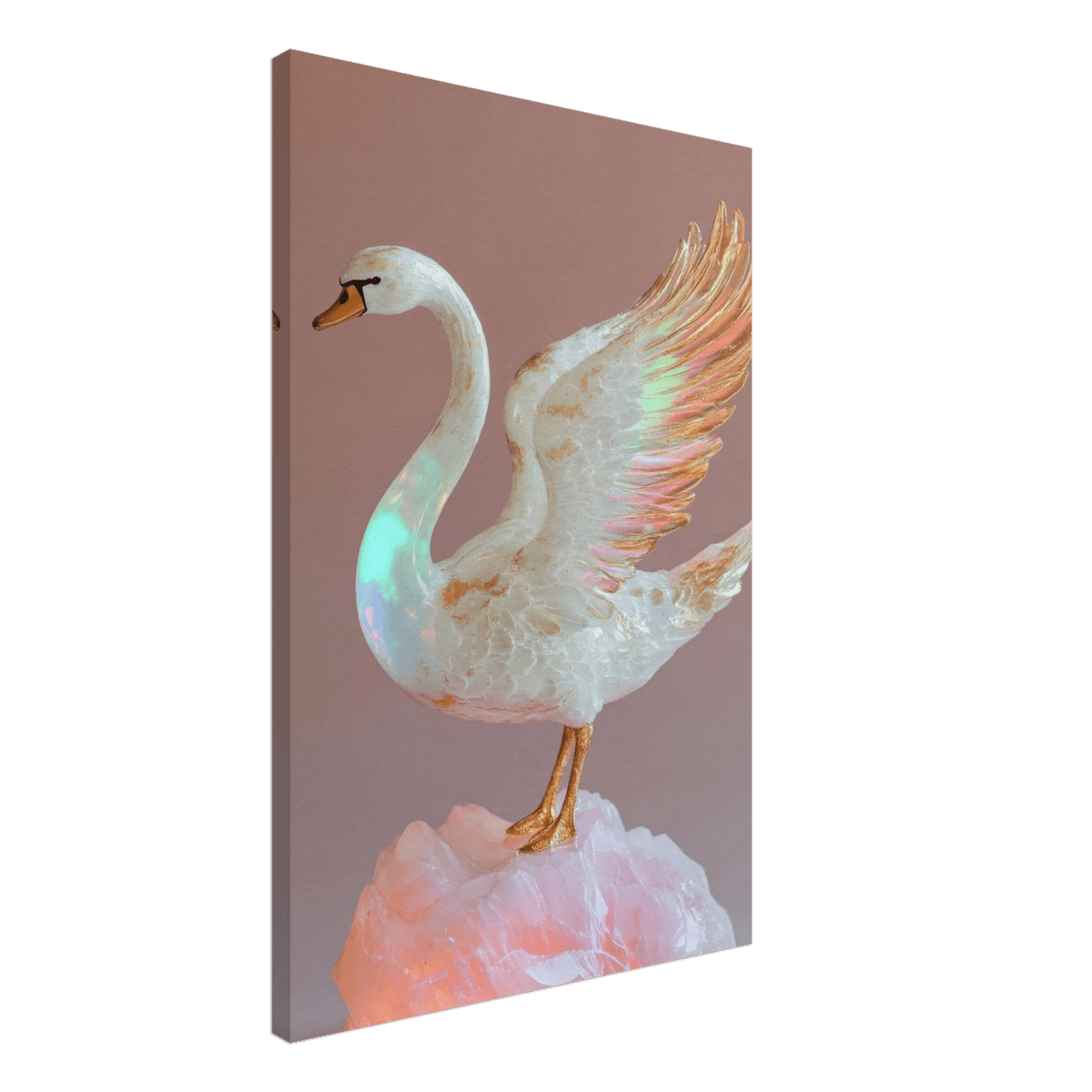 A white opal swan with wings on a pink rock - Shop Ai Art WebShop - Digital Art online Store