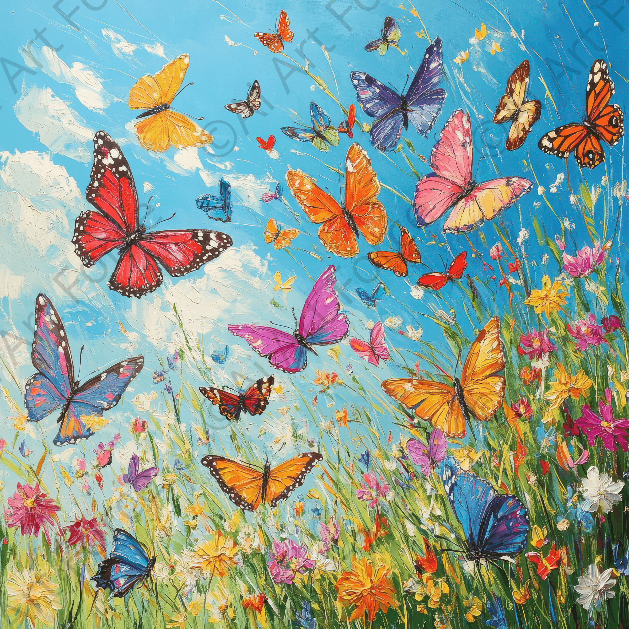 Digital Ai Artwork, of Butterflies in a Flower Meadow, ideal for art enthusiasts and collectors.