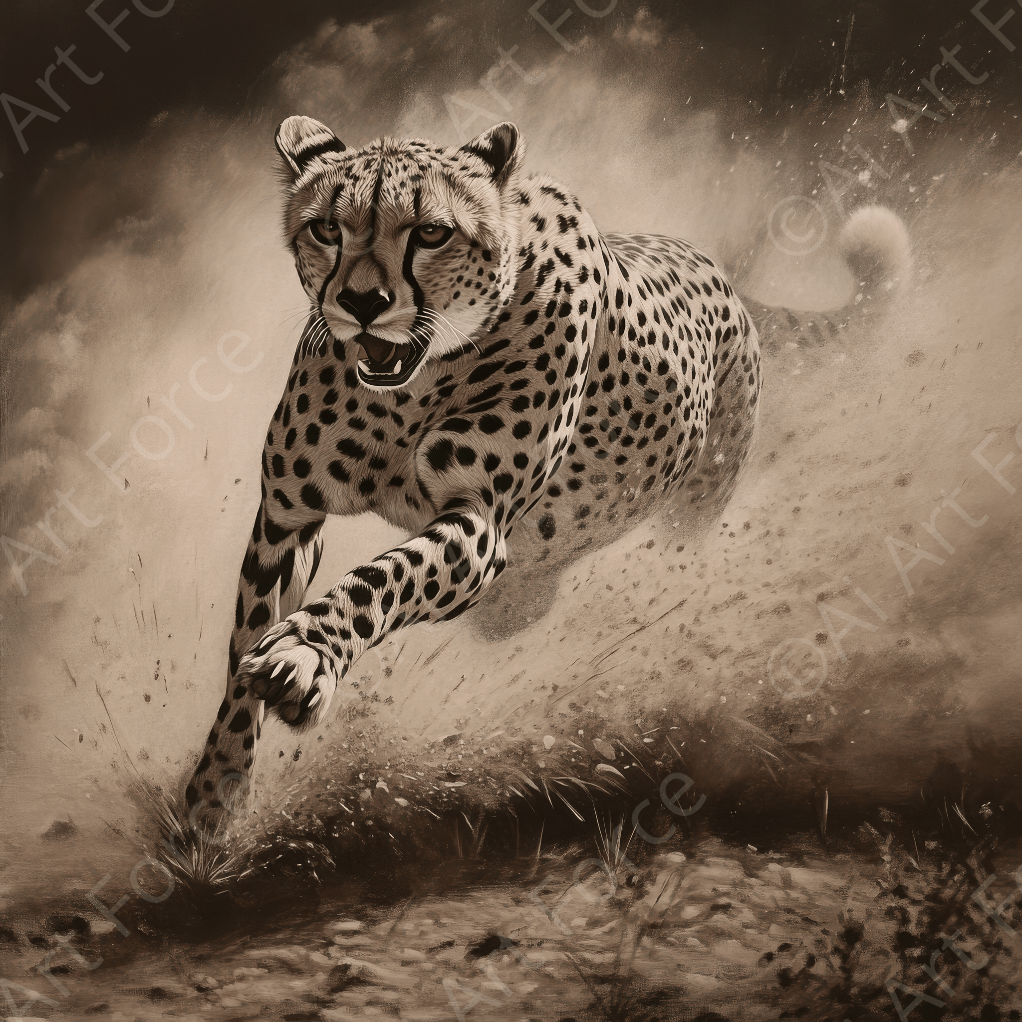 Digital Ai Artwork, of Cheetah Sprinting Across the Plains, ideal for art enthusiasts and collectors.