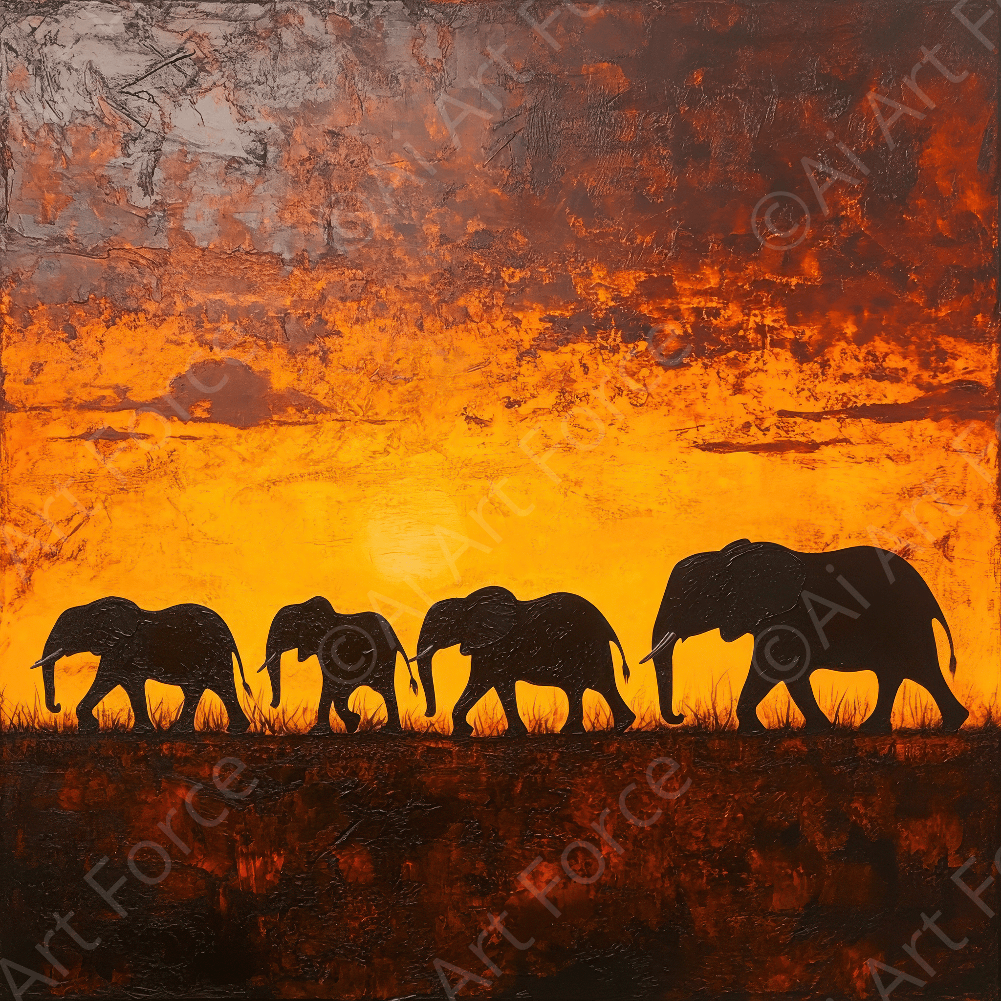 Digital Ai Artwork, of Herd of Elephants at Sunset 2, ideal for art enthusiasts and collectors.