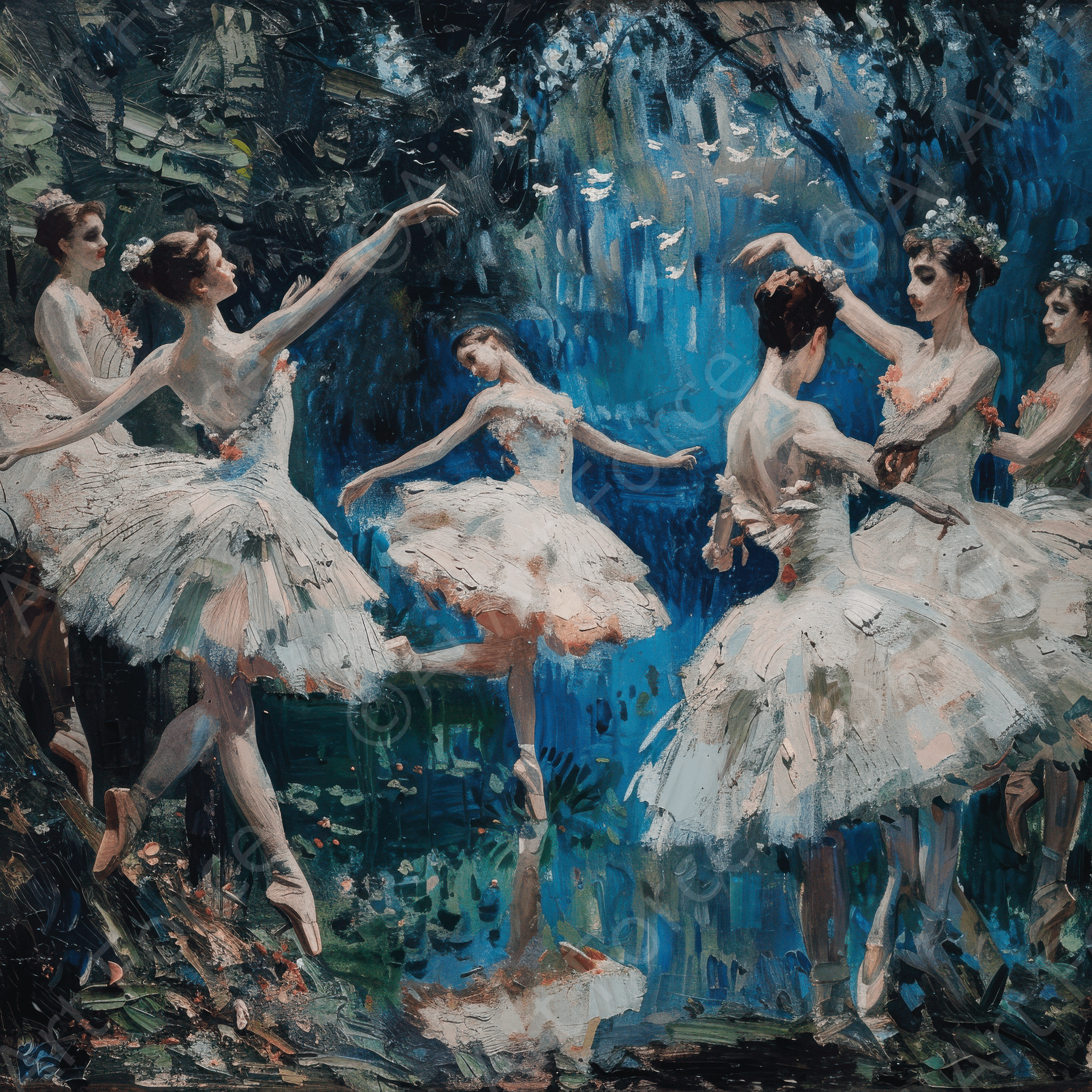 Digital Ai Artwork, of Impressionism ballet dansers dancing the swan dance 2, ideal for art enthusiasts and collectors.