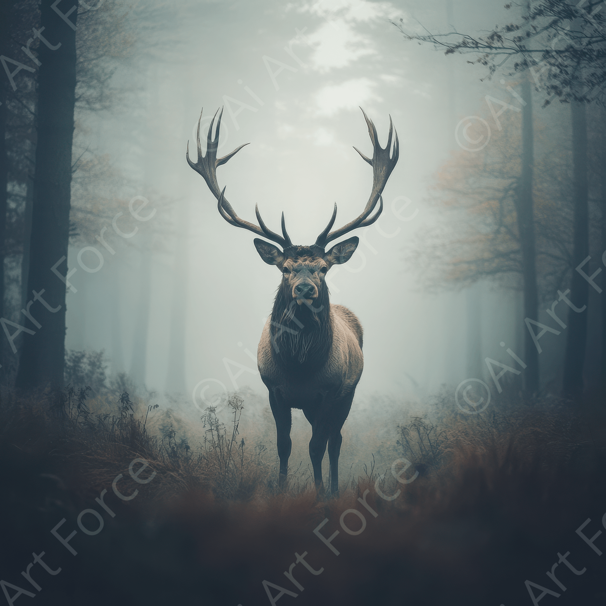 Digital Ai Artwork, of Majestic Stag in a Foggy Forest, ideal for art enthusiasts and collectors.
