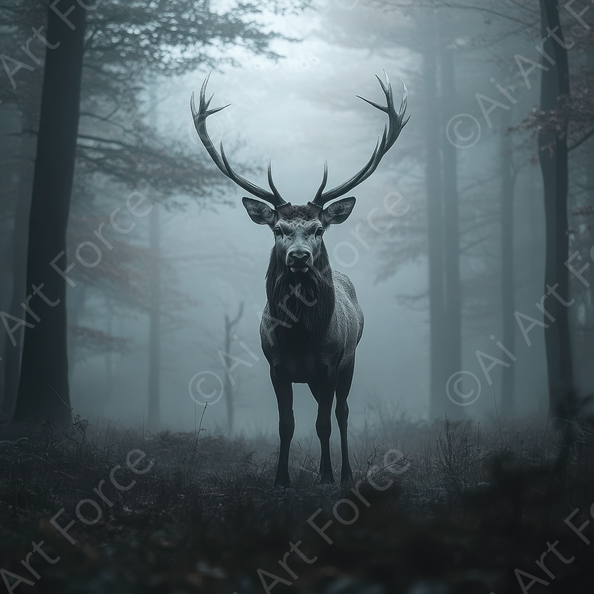 Digital Ai Artwork, of Majestic Stag in a Foggy Forest 2, ideal for art enthusiasts and collectors.