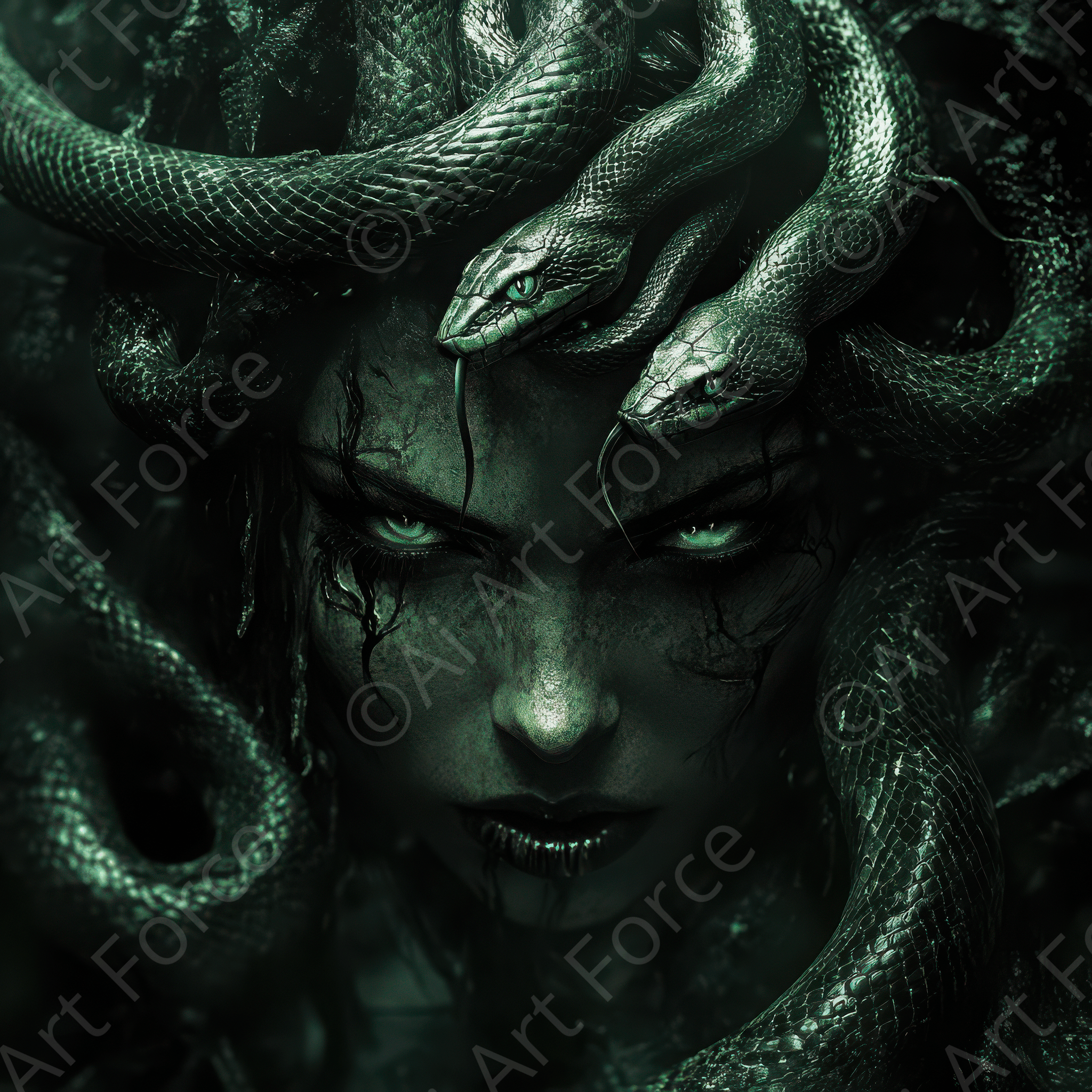 Digital Ai Artwork, of Medusa in Her Lair, ideal for art enthusiasts and collectors.