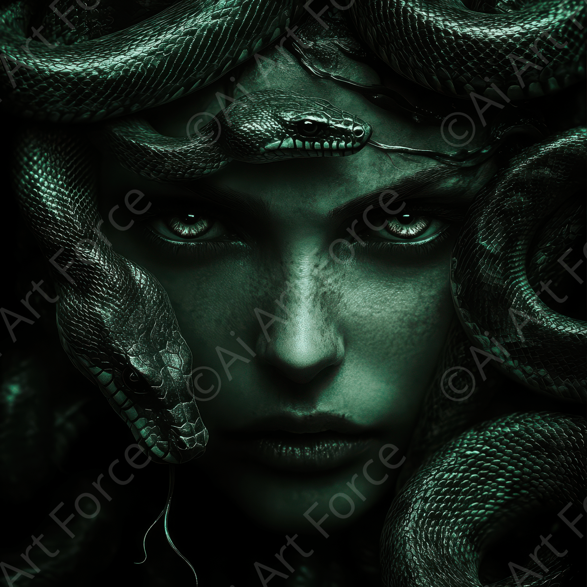 Digital Ai Artwork, of Medusa in Her Lair 2, ideal for art enthusiasts and collectors.