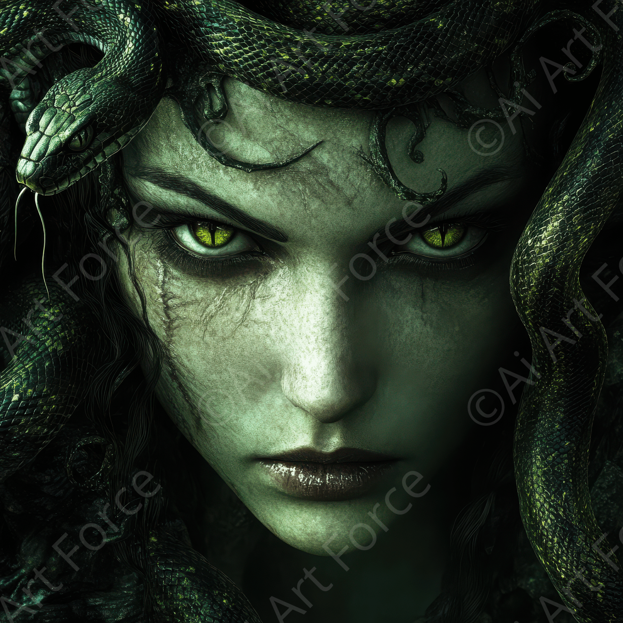 Digital Ai Artwork, of Medusa in Her Lair 3, ideal for art enthusiasts and collectors.