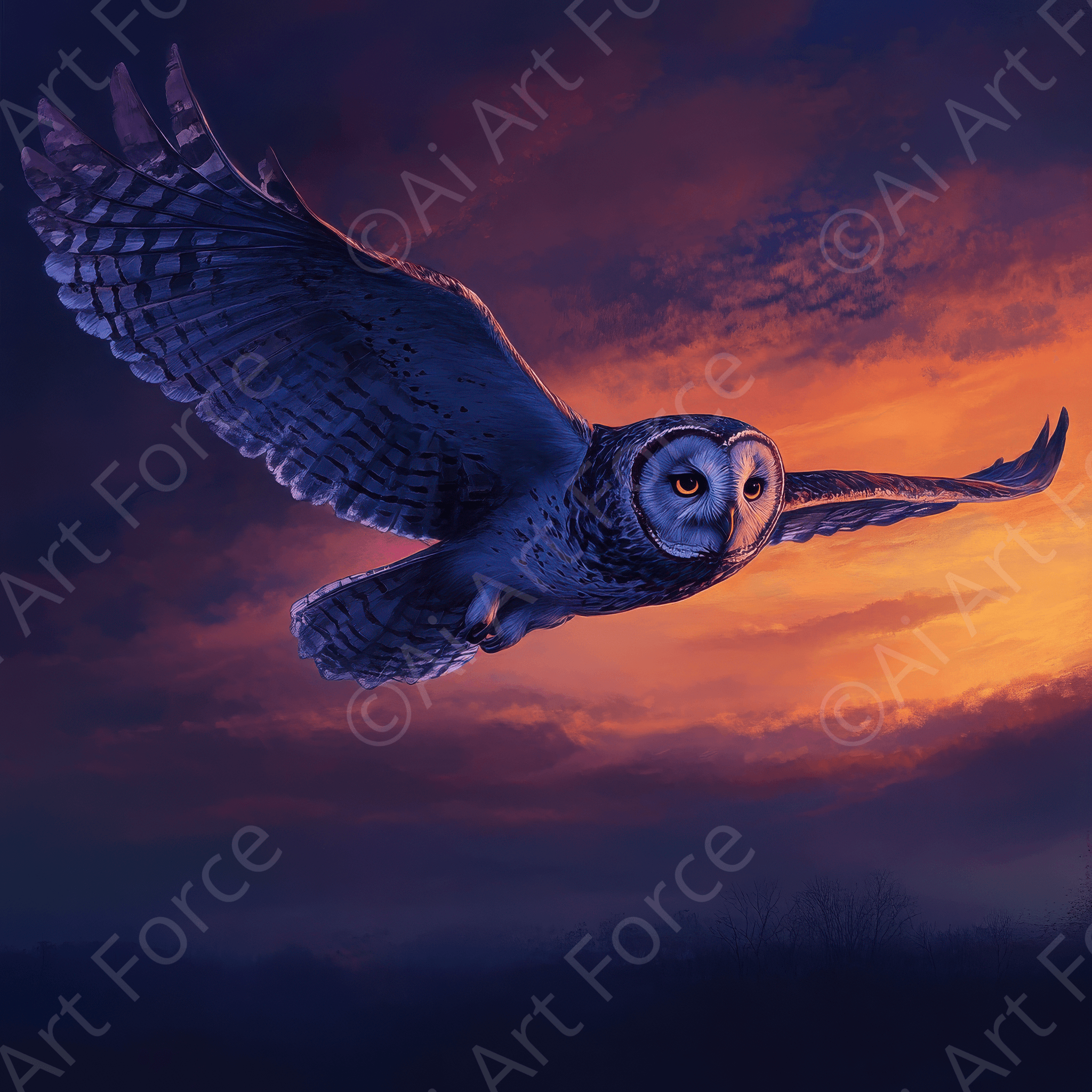Digital Ai Artwork, of Owl in Flight at Twilight, ideal for art enthusiasts and collectors.