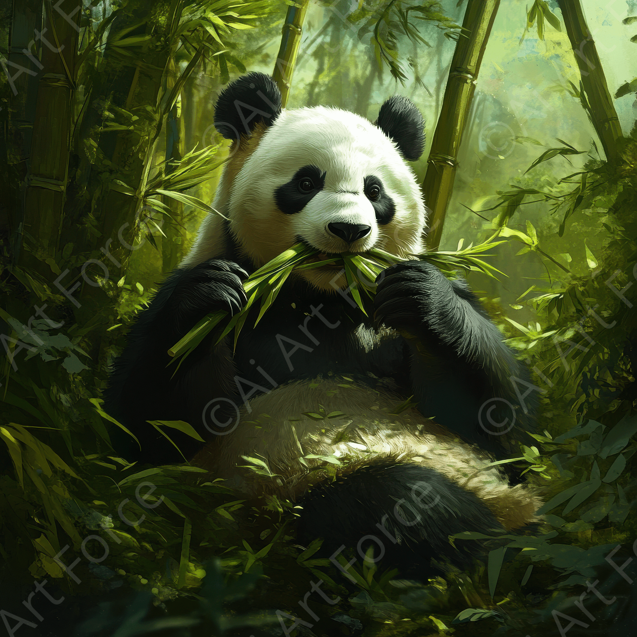 Digital Ai Artwork, of Panda Eating Bamboo in a Lush Forest 2, ideal for art enthusiasts and collectors.