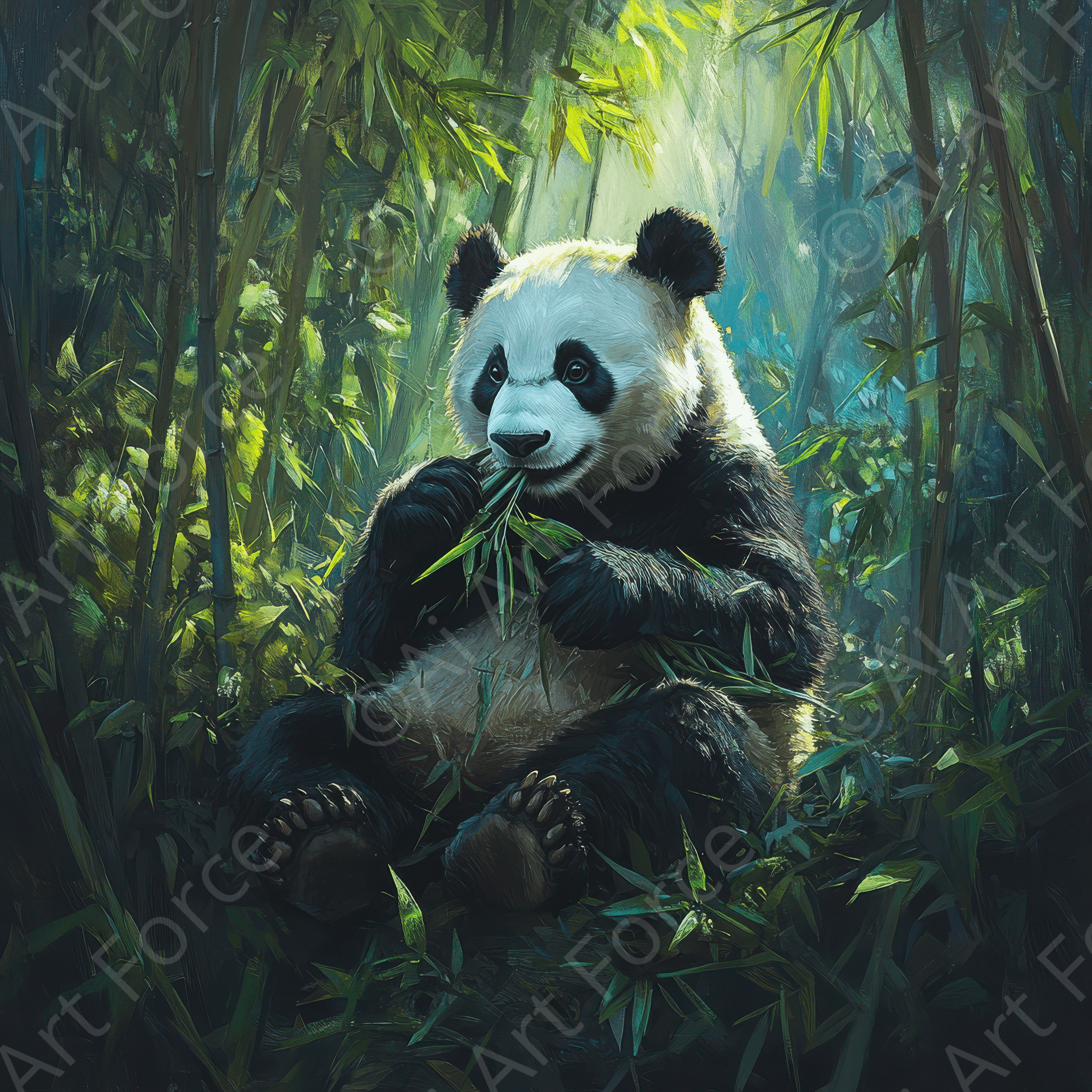 Digital Ai Artwork, of Panda Eating Bamboo in a Lush Forest, ideal for art enthusiasts and collectors.