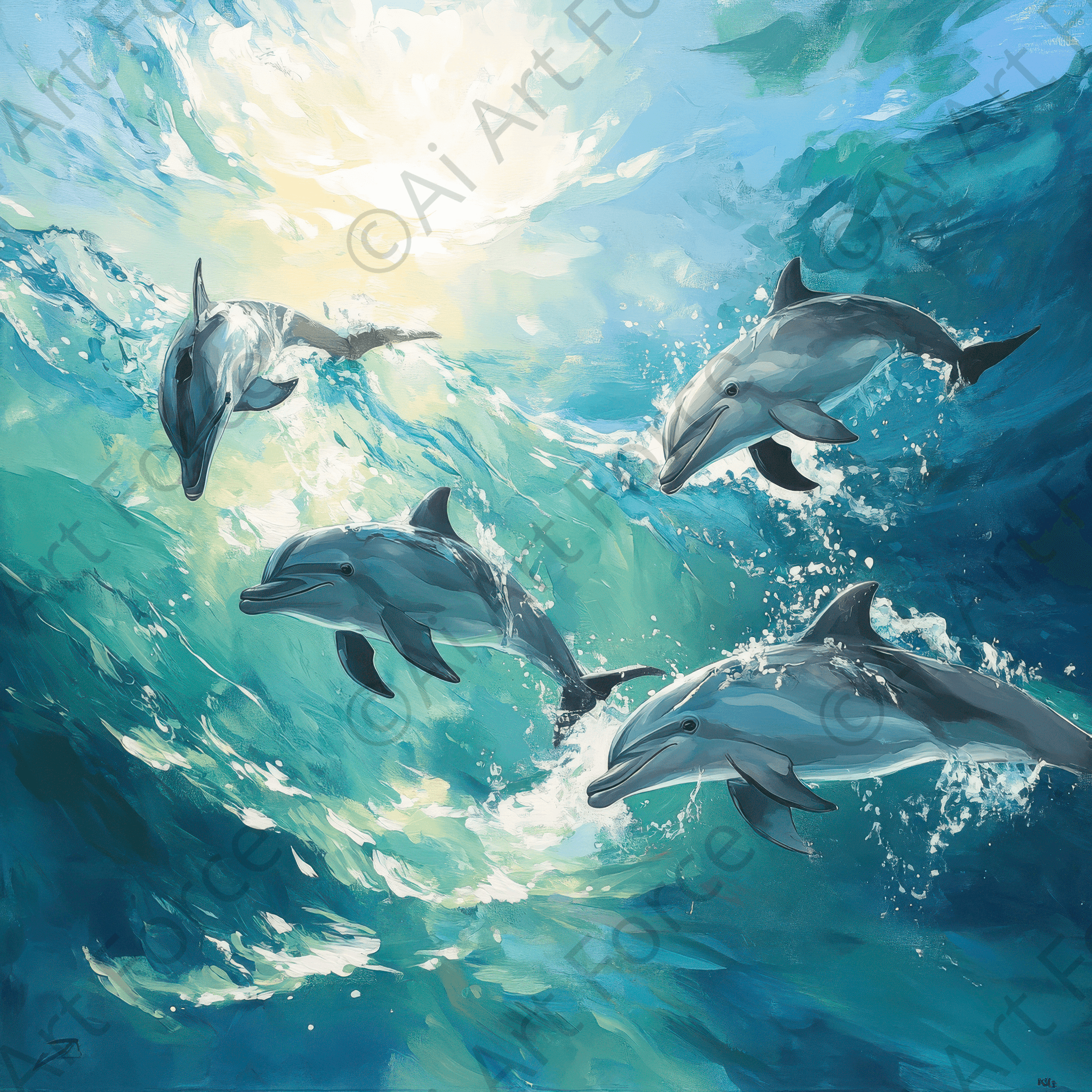 Digital Ai Artwork, of Playful Dolphins in Crystal Clear Waters 2, ideal for art enthusiasts and collectors.