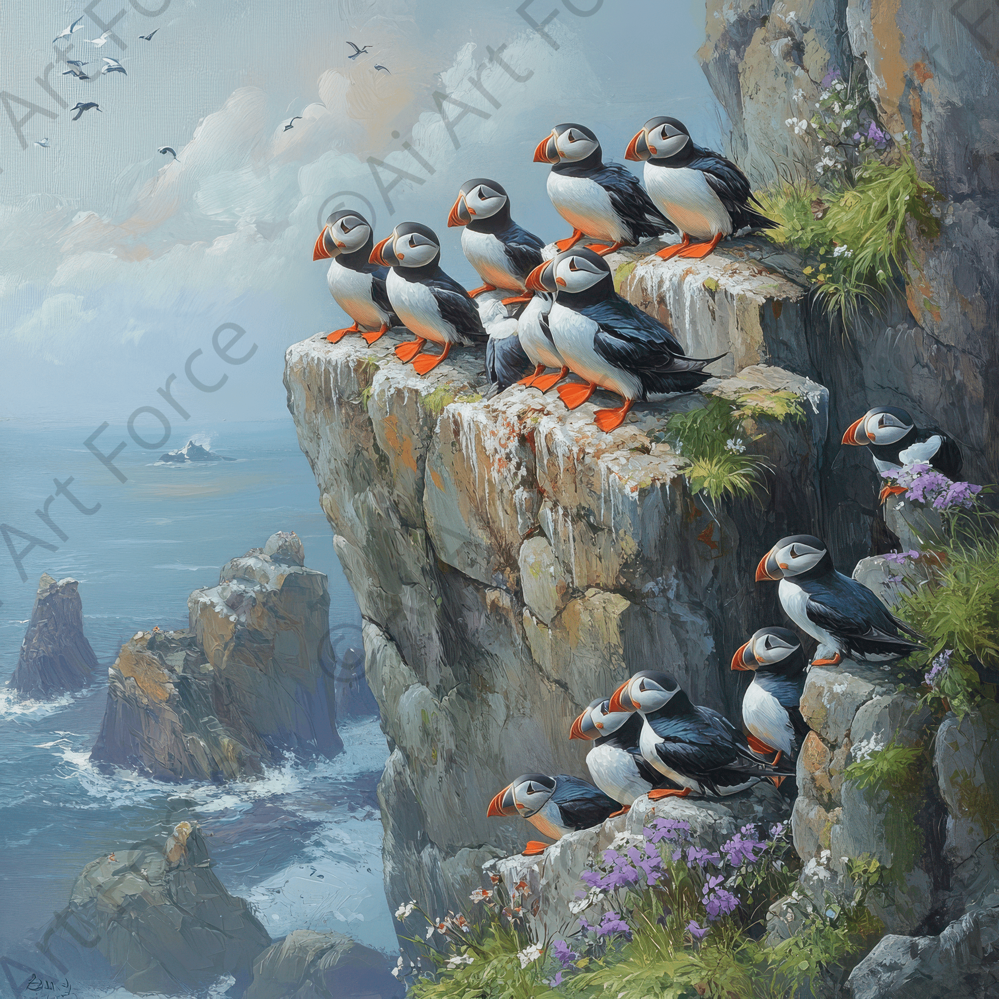 Digital Ai Artwork, of Puffins Nesting on a Cliffside, ideal for art enthusiasts and collectors.