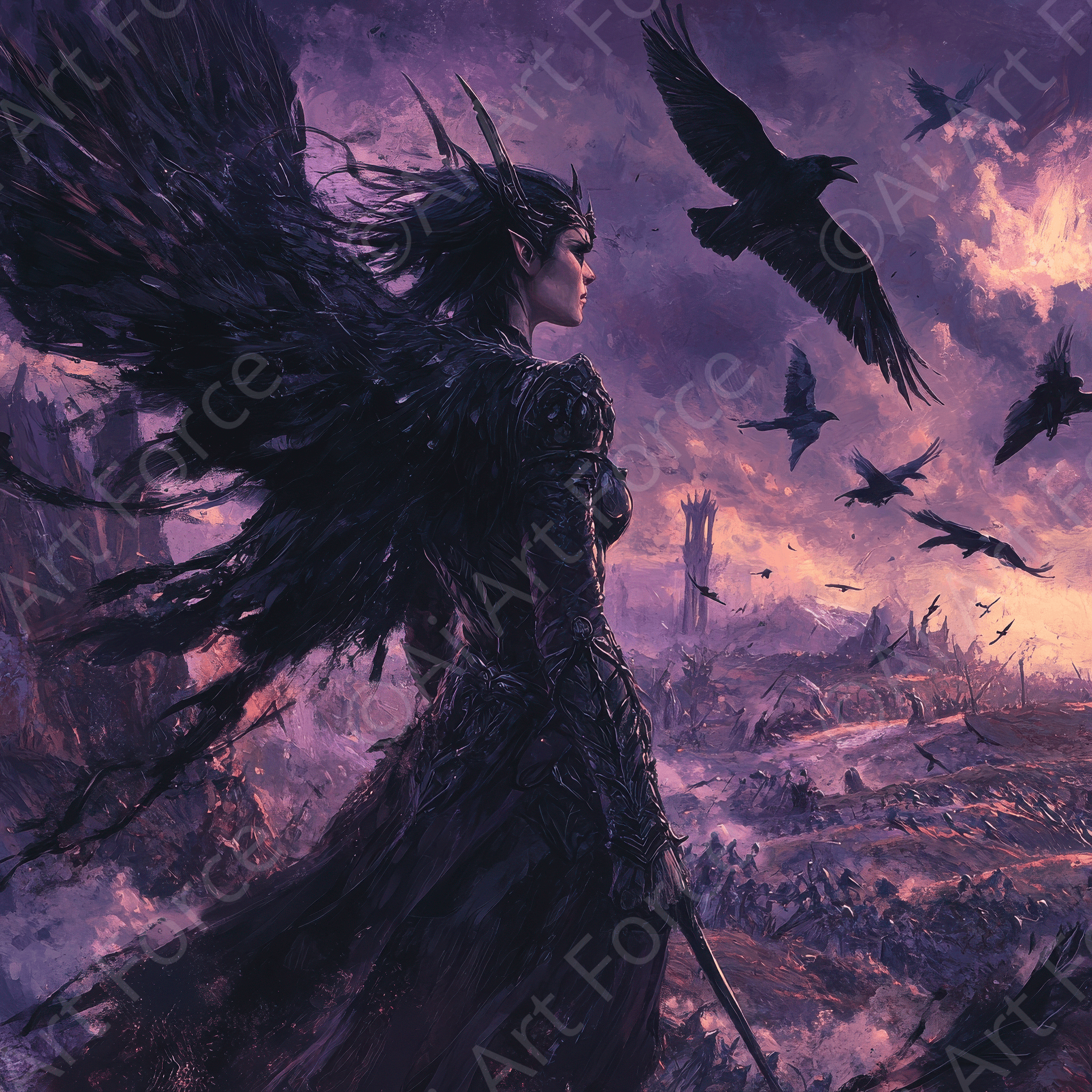 Digital Ai Artwork, of The Morrigan Over a Battlefield 3, ideal for art enthusiasts and collectors.