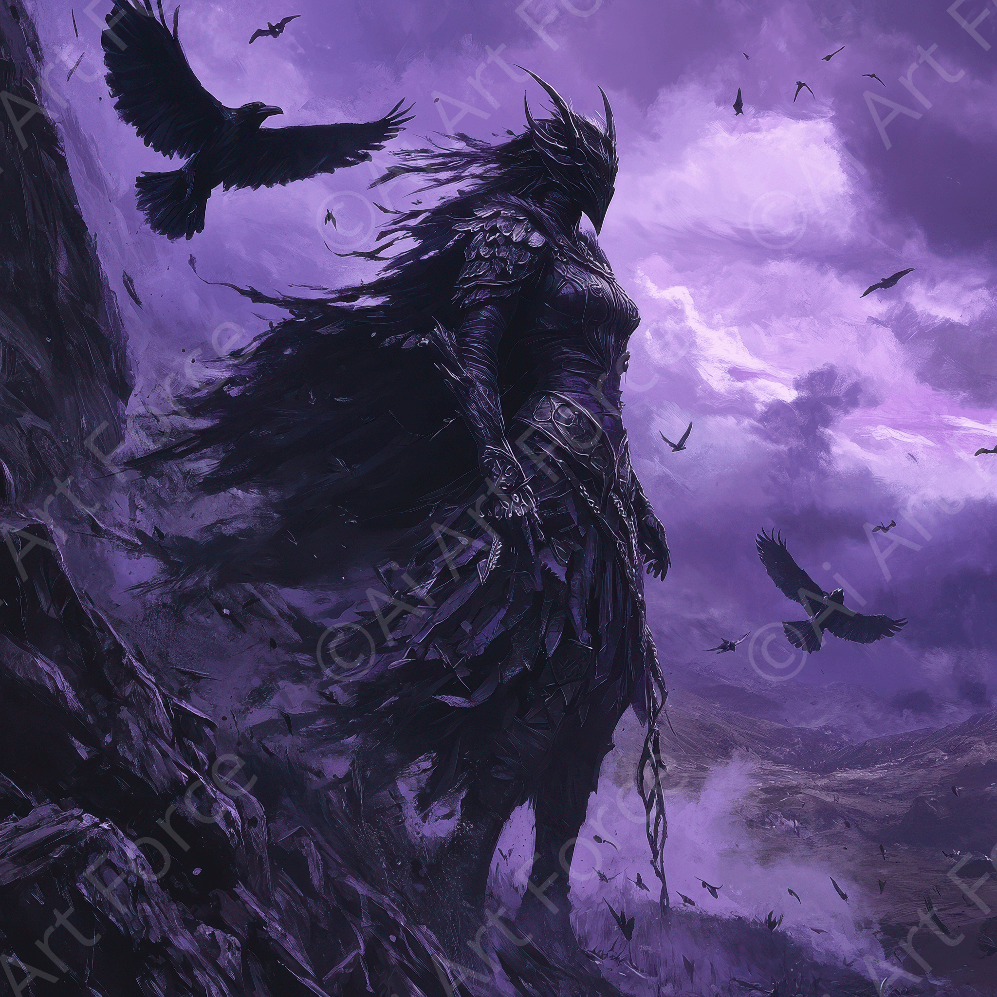 Digital Ai Artwork, of The Morrigan Over a Battlefield, ideal for art enthusiasts and collectors.