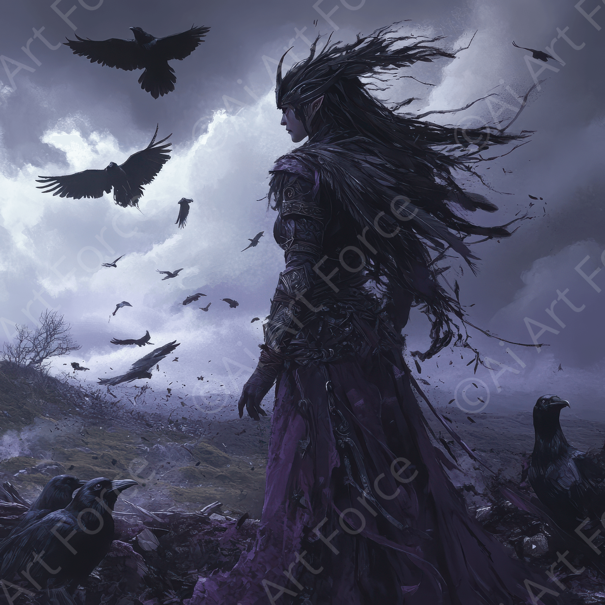 Digital Ai Artwork, of The Morrigan Over a Battlefield 4, ideal for art enthusiasts and collectors.