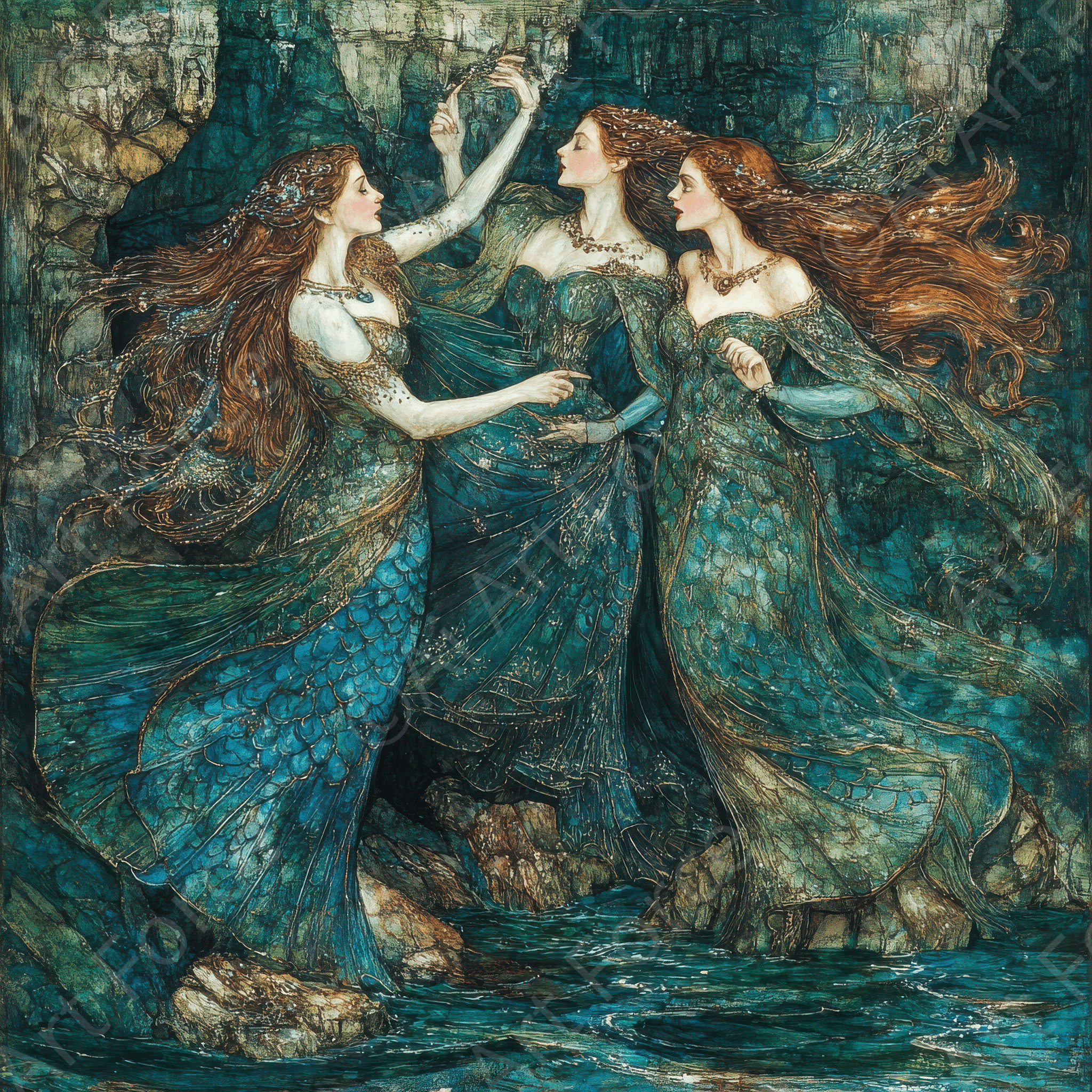 Digital Ai Artwork, of The Sirens Singing on the Rocks, ideal for art enthusiasts and collectors.