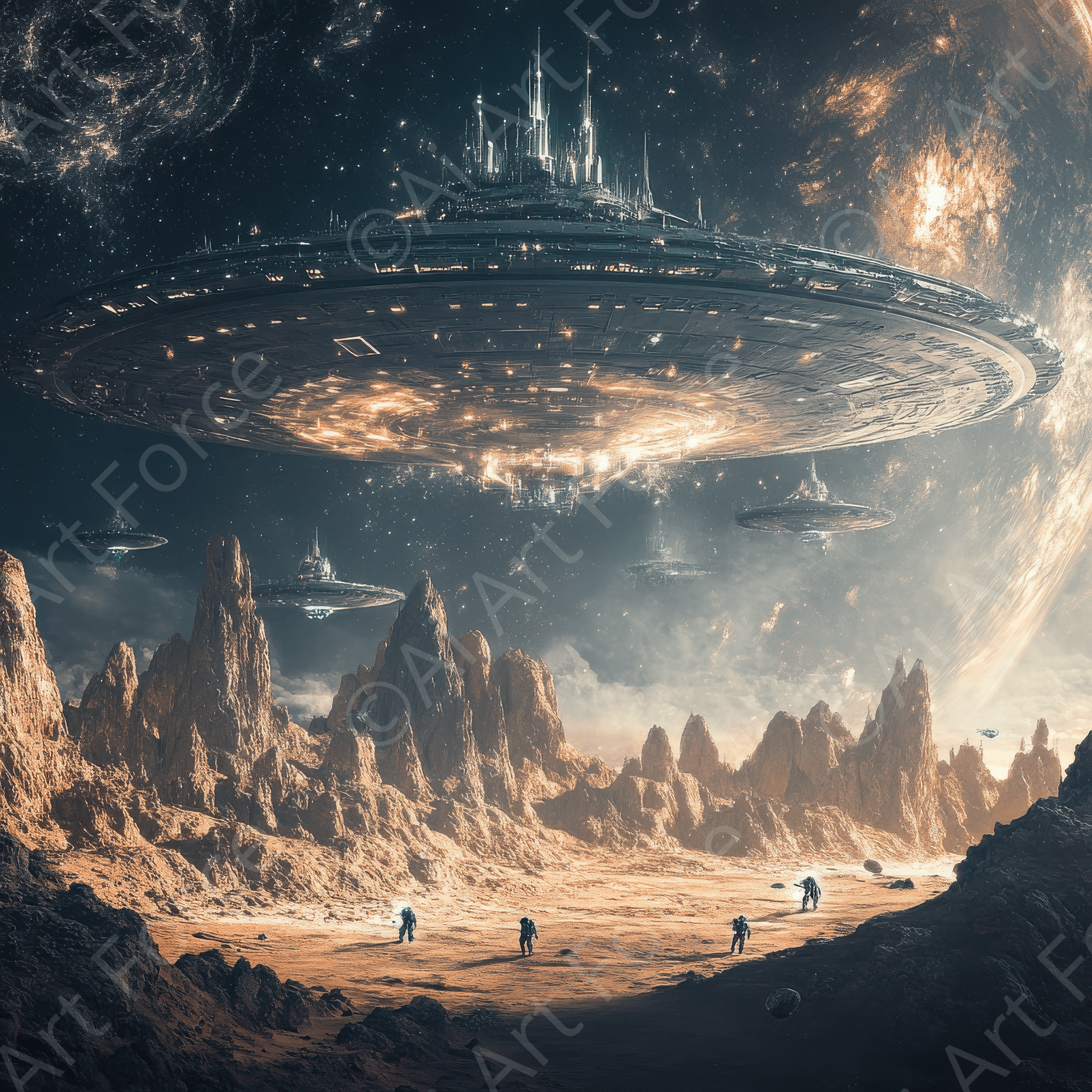 Digital Ai Artwork, of The potential for conflict over extraterrestrial worlds, ideal for art enthusiasts and collectors.